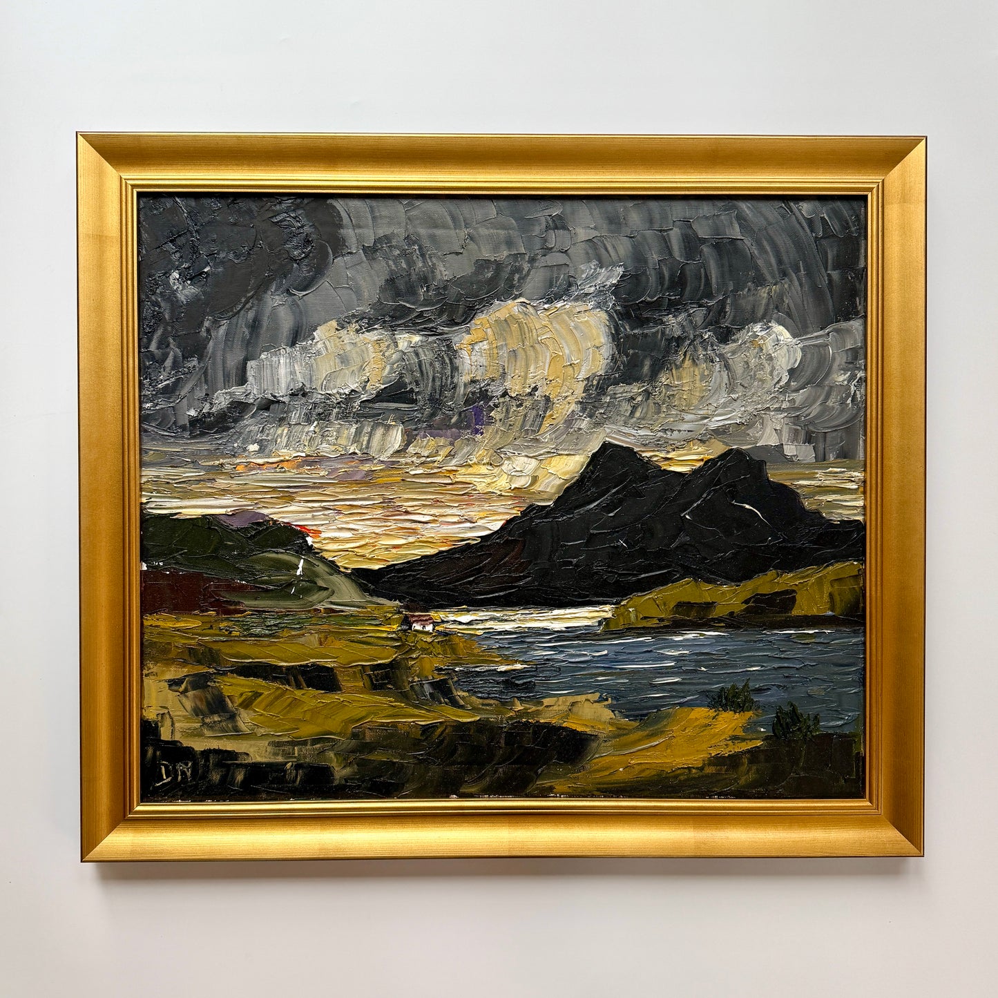 Moody Impasto Stormy Coastal Scottish Loch Mountain Landscape Oil Painting in Gold Frame