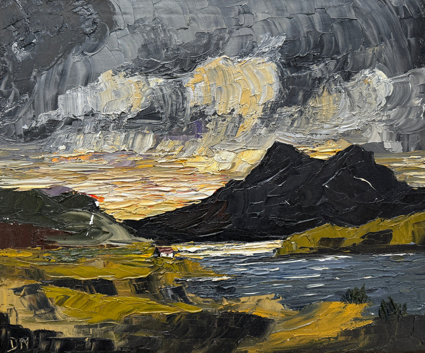 Moody Impasto Stormy Coastal Scottish Loch Mountain Landscape Oil Painting in Gold Frame