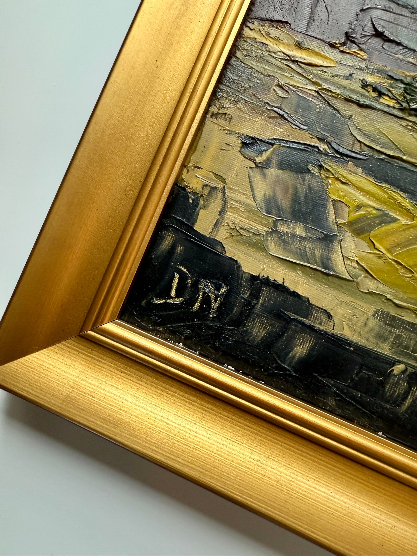 Moody Impasto Stormy Coastal Scottish Loch Mountain Landscape Oil Painting in Gold Frame