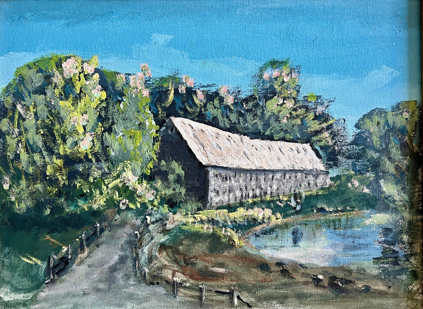 Vintage Spring in New England Covered Bridge Landscape Oil Painting in Gold Frame