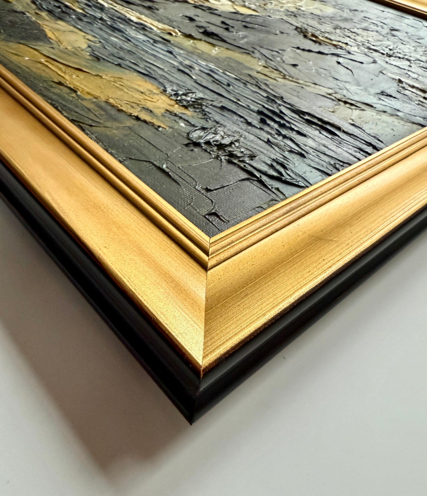 Moody Impasto Stormy Coastal Scottish Loch Mountain Landscape Oil Painting in Gold Frame