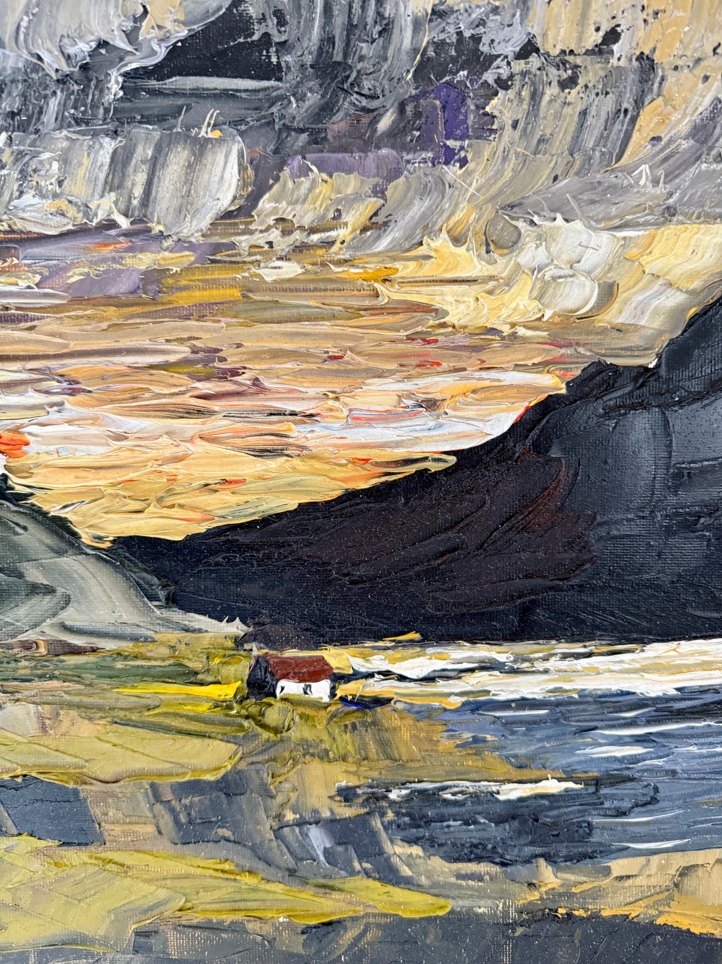 Moody Impasto Stormy Coastal Scottish Loch Mountain Landscape Oil Painting in Gold Frame