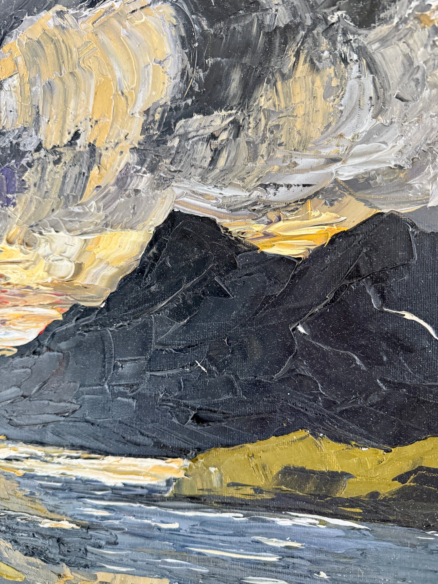 Moody Impasto Stormy Coastal Scottish Loch Mountain Landscape Oil Painting in Gold Frame