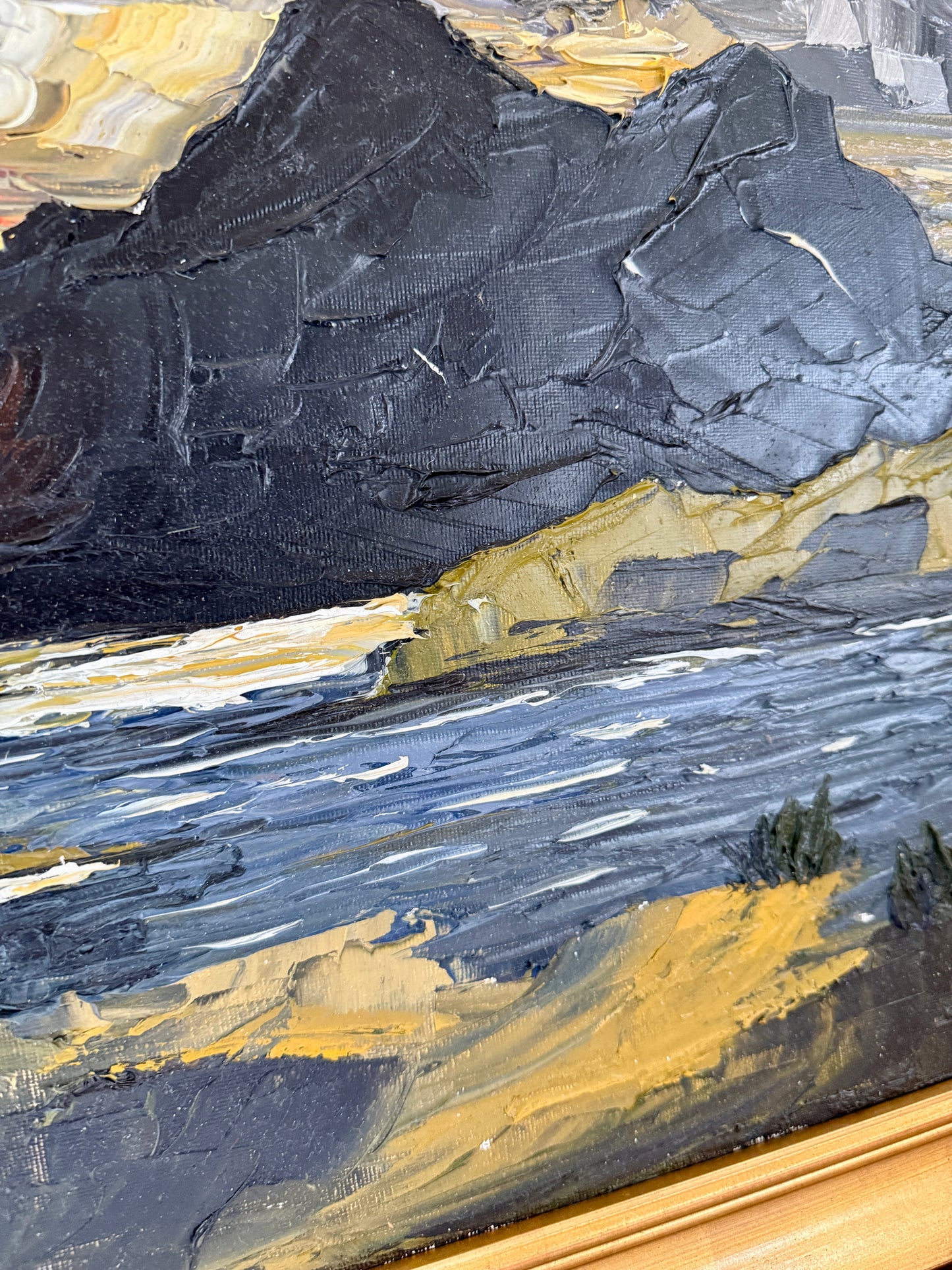 Moody Impasto Stormy Coastal Scottish Loch Mountain Landscape Oil Painting in Gold Frame