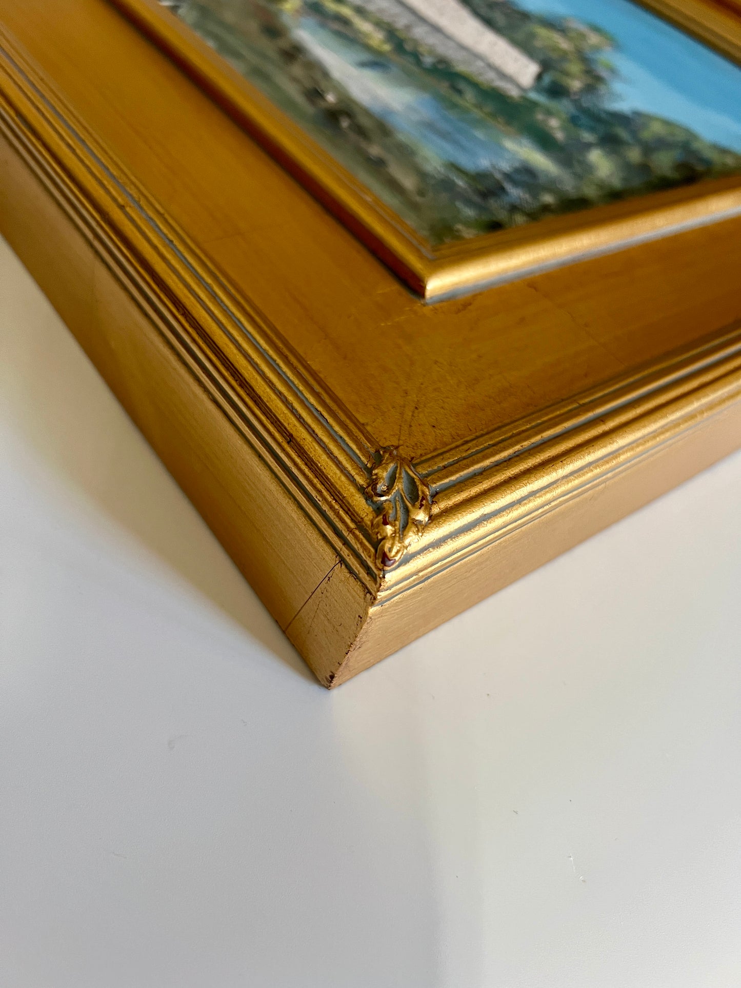 Vintage Spring in New England Covered Bridge Landscape Oil Painting in Gold Frame