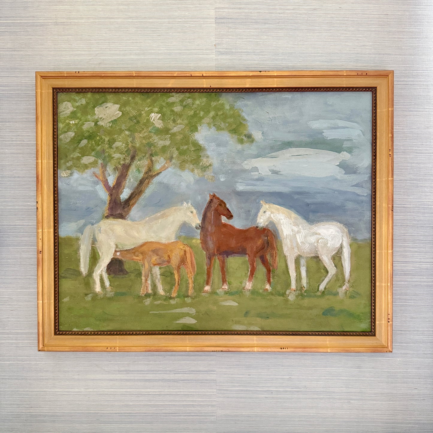 Family of Horses Portrait Folk Oil Painting in Gold Beaded Frame