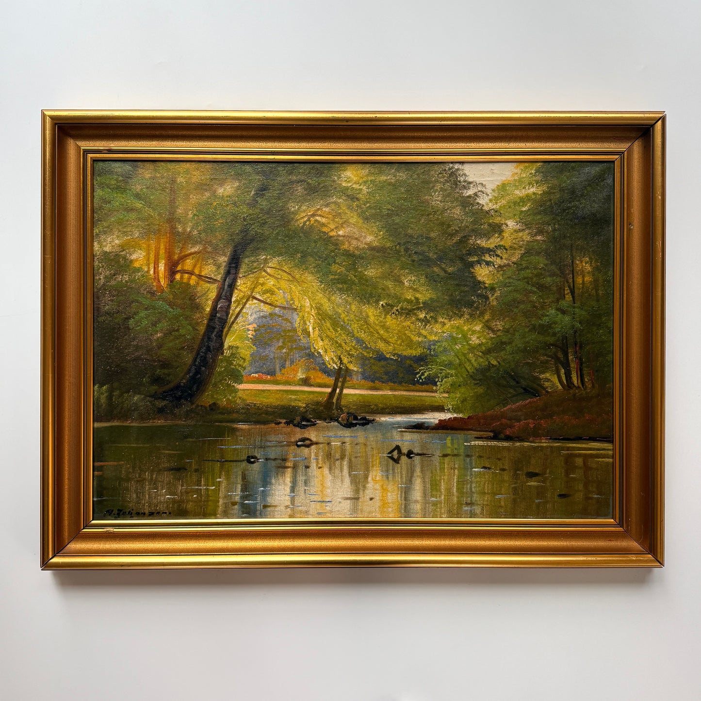 Axel Johansen Early 20th c. Serene Creek and Forest Landscape Oil Painting in Gold Frame
