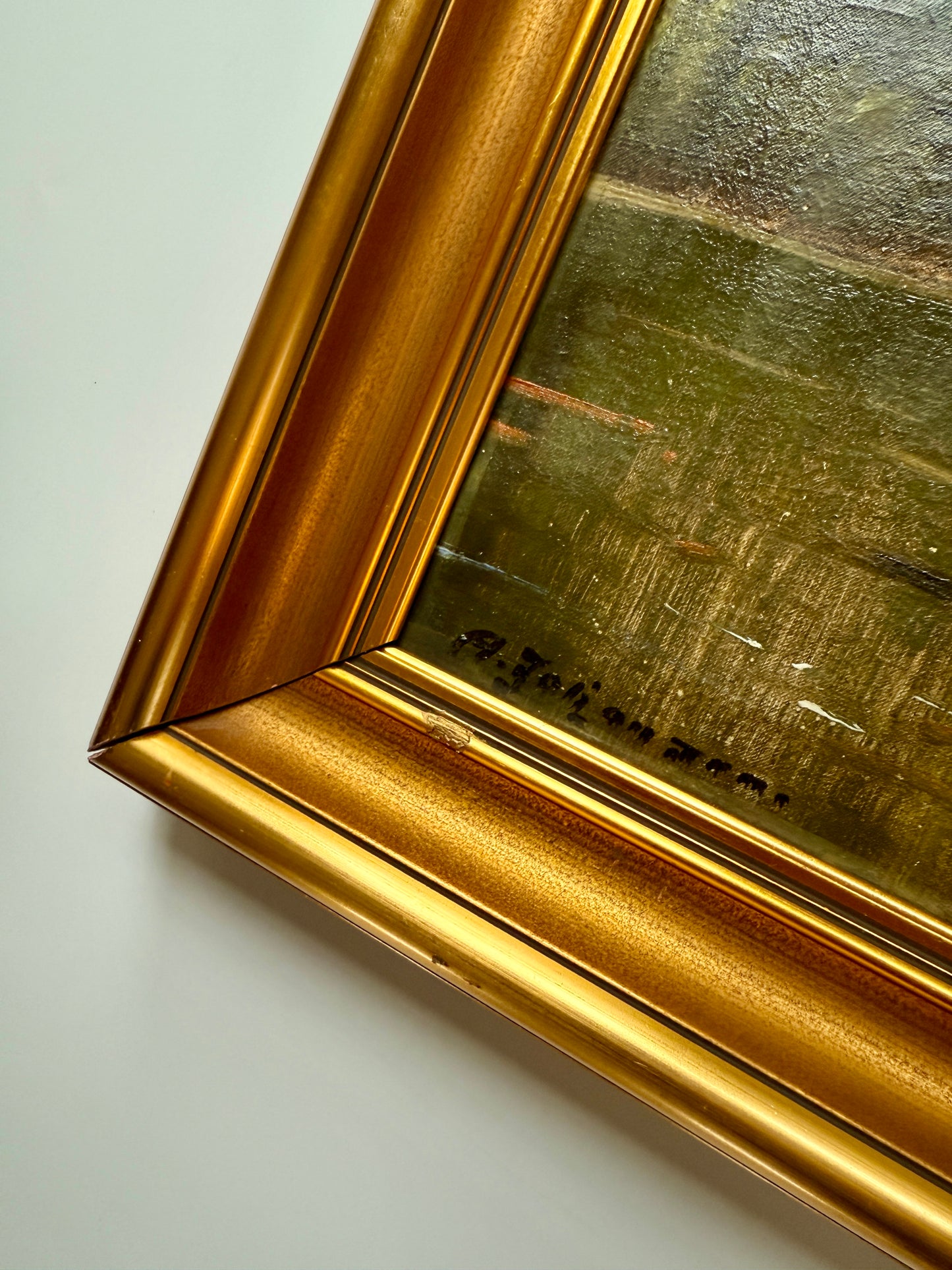 Axel Johansen Early 20th c. Serene Creek and Forest Landscape Oil Painting in Gold Frame