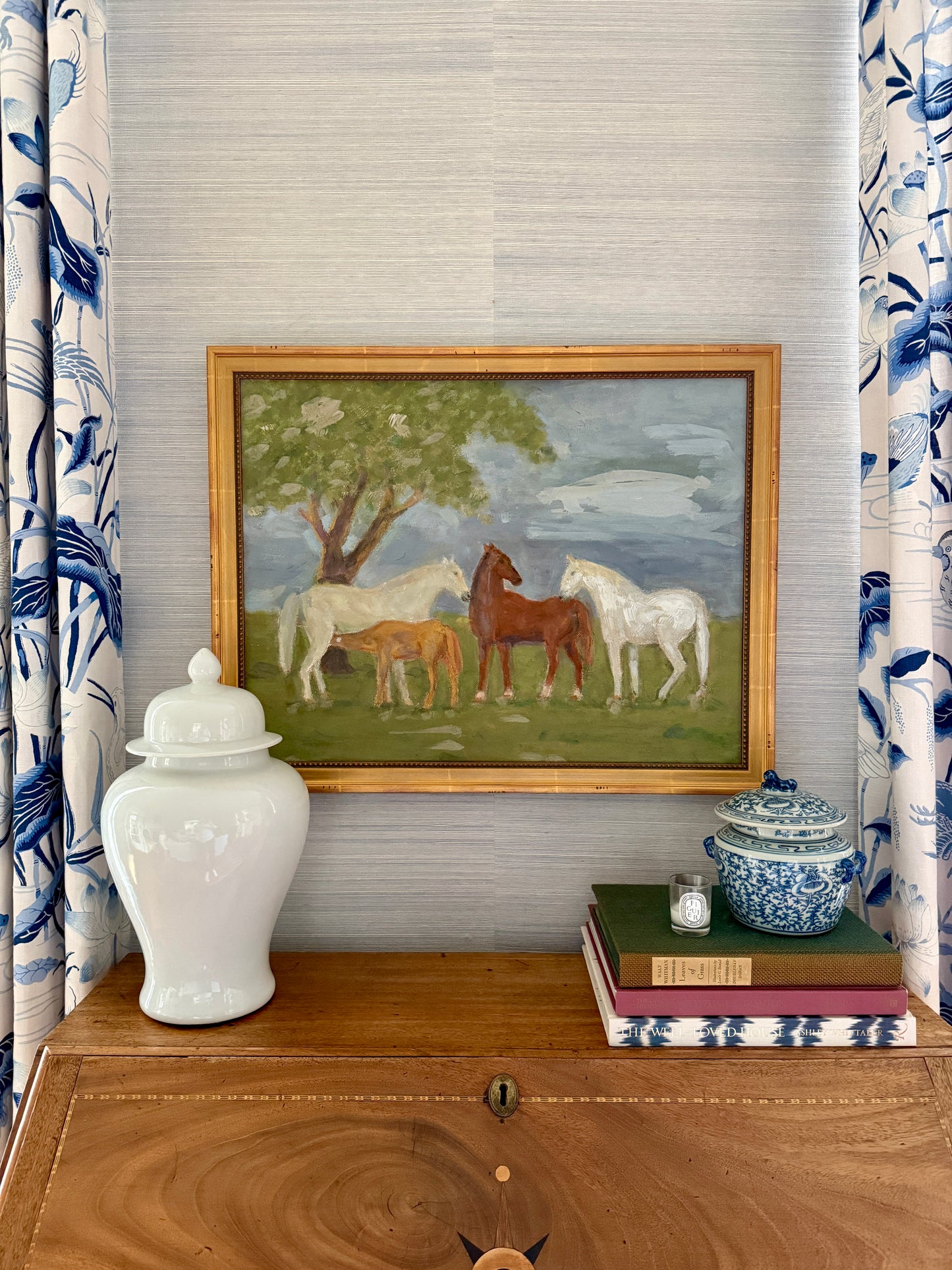 Family of Horses Portrait Folk Oil Painting in Gold Beaded Frame