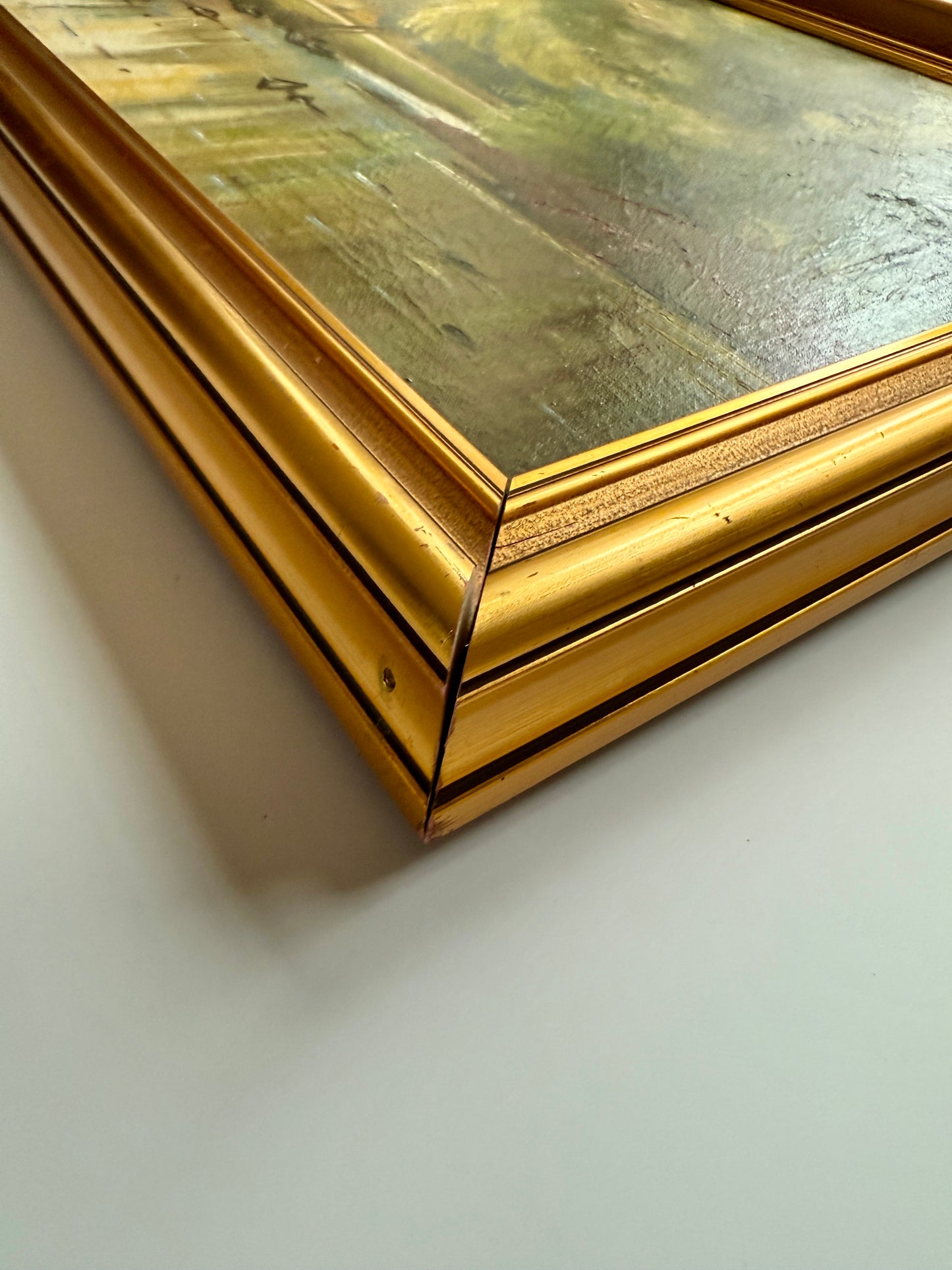 Axel Johansen Early 20th c. Serene Creek and Forest Landscape Oil Painting in Gold Frame