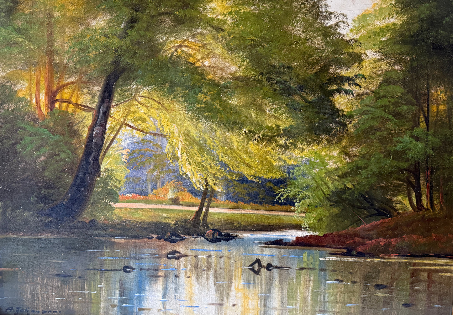 Axel Johansen Early 20th c. Serene Creek and Forest Landscape Oil Painting in Gold Frame