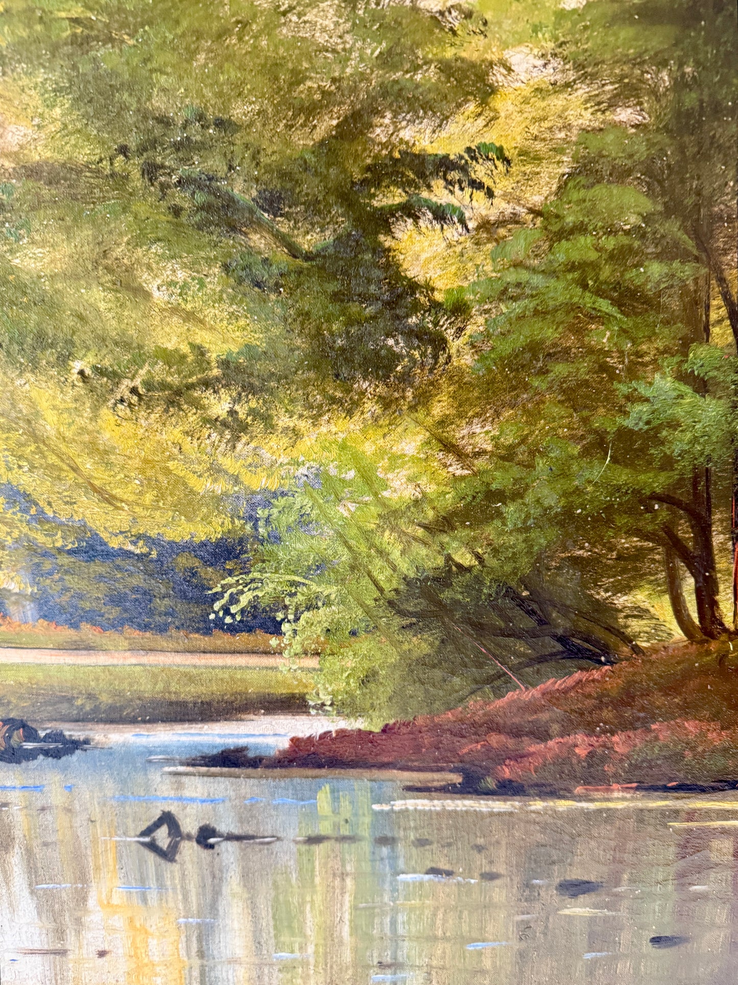 Axel Johansen Early 20th c. Serene Creek and Forest Landscape Oil Painting in Gold Frame