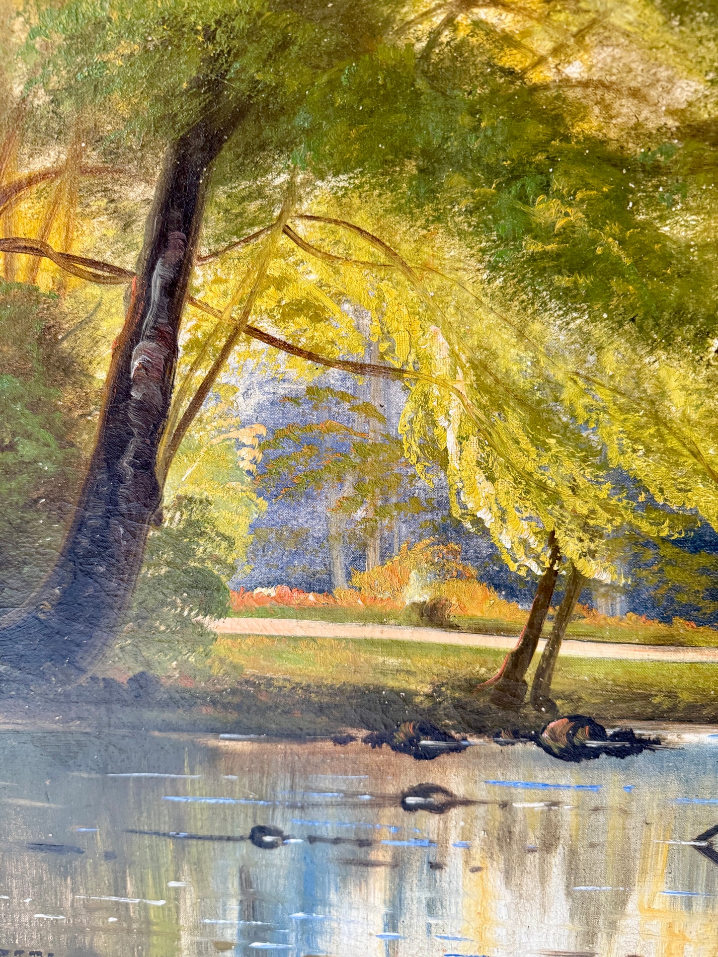 Axel Johansen Early 20th c. Serene Creek and Forest Landscape Oil Painting in Gold Frame