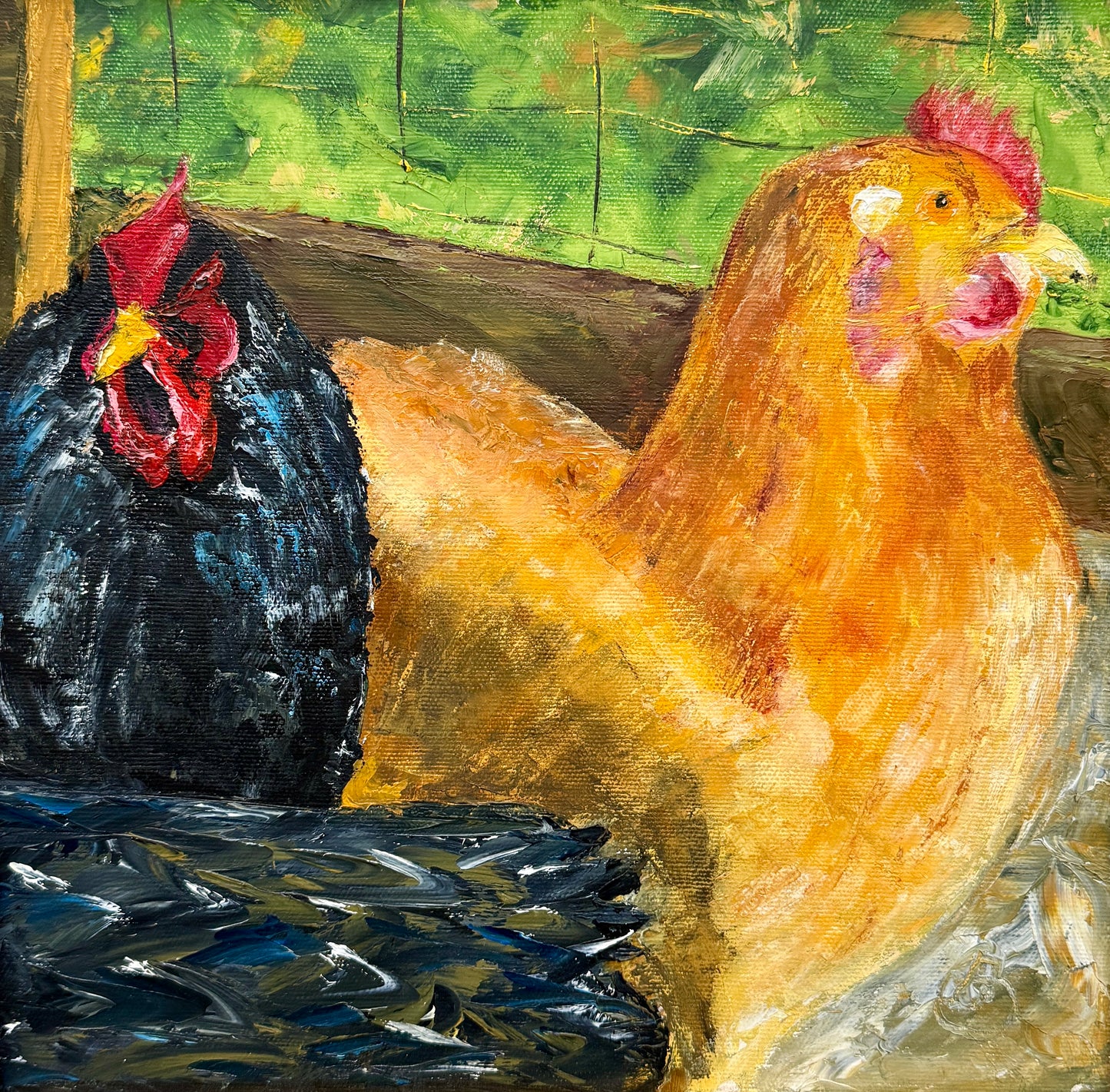 Spring Chickens Oil Painting in Gold Frame