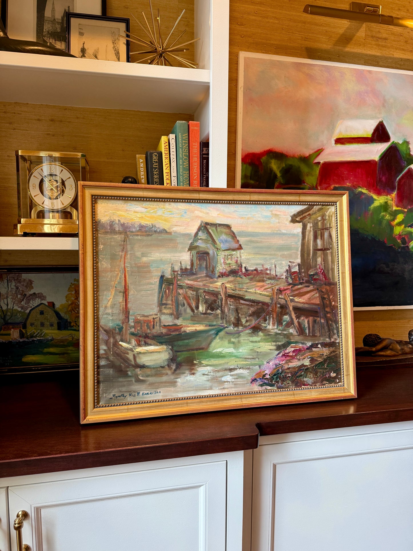 Dorothy Van Houten Harrison Evening in Maine Harborscape Oil Painting in Gold Beaded Frame