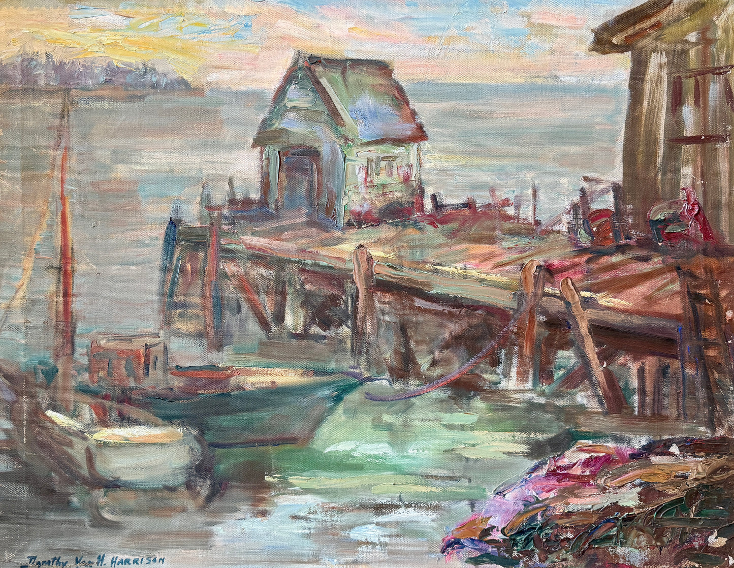 Dorothy Van Houten Harrison Evening in Maine Harborscape Oil Painting in Gold Beaded Frame