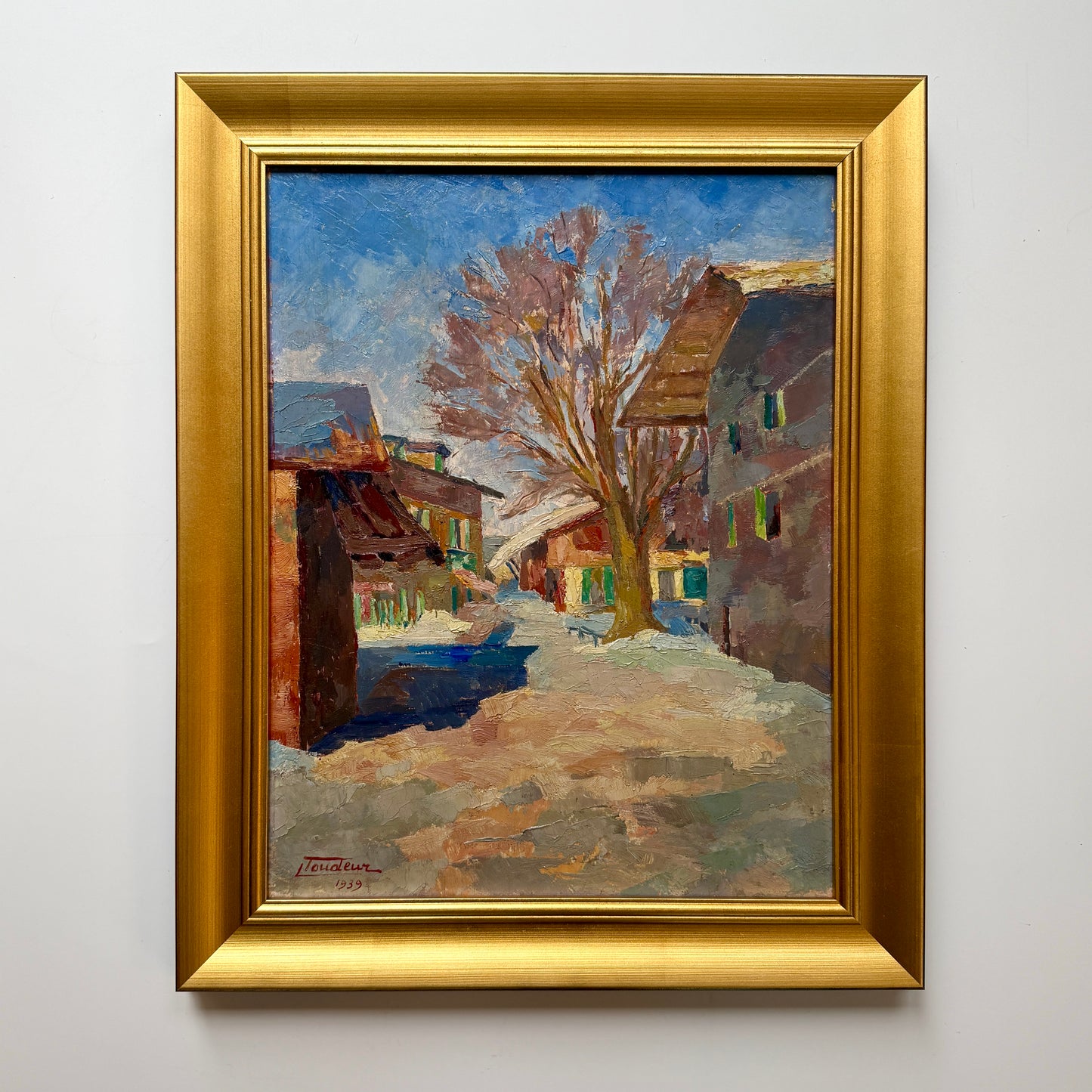 1939 Colorful French Townscape Oil Painting in Gold Frame