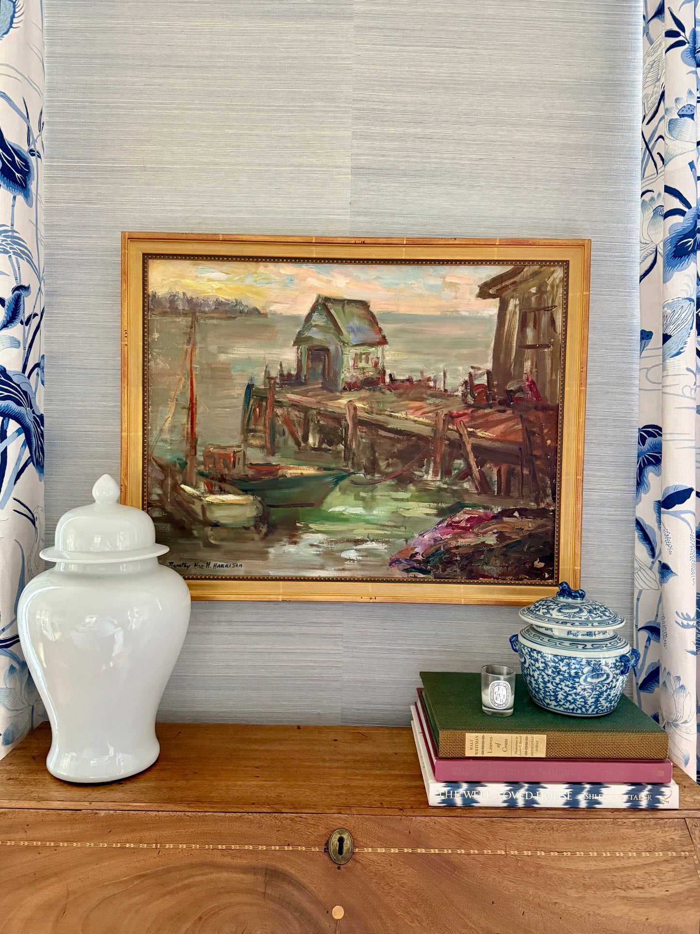 Dorothy Van Houten Harrison Evening in Maine Harborscape Oil Painting in Gold Beaded Frame