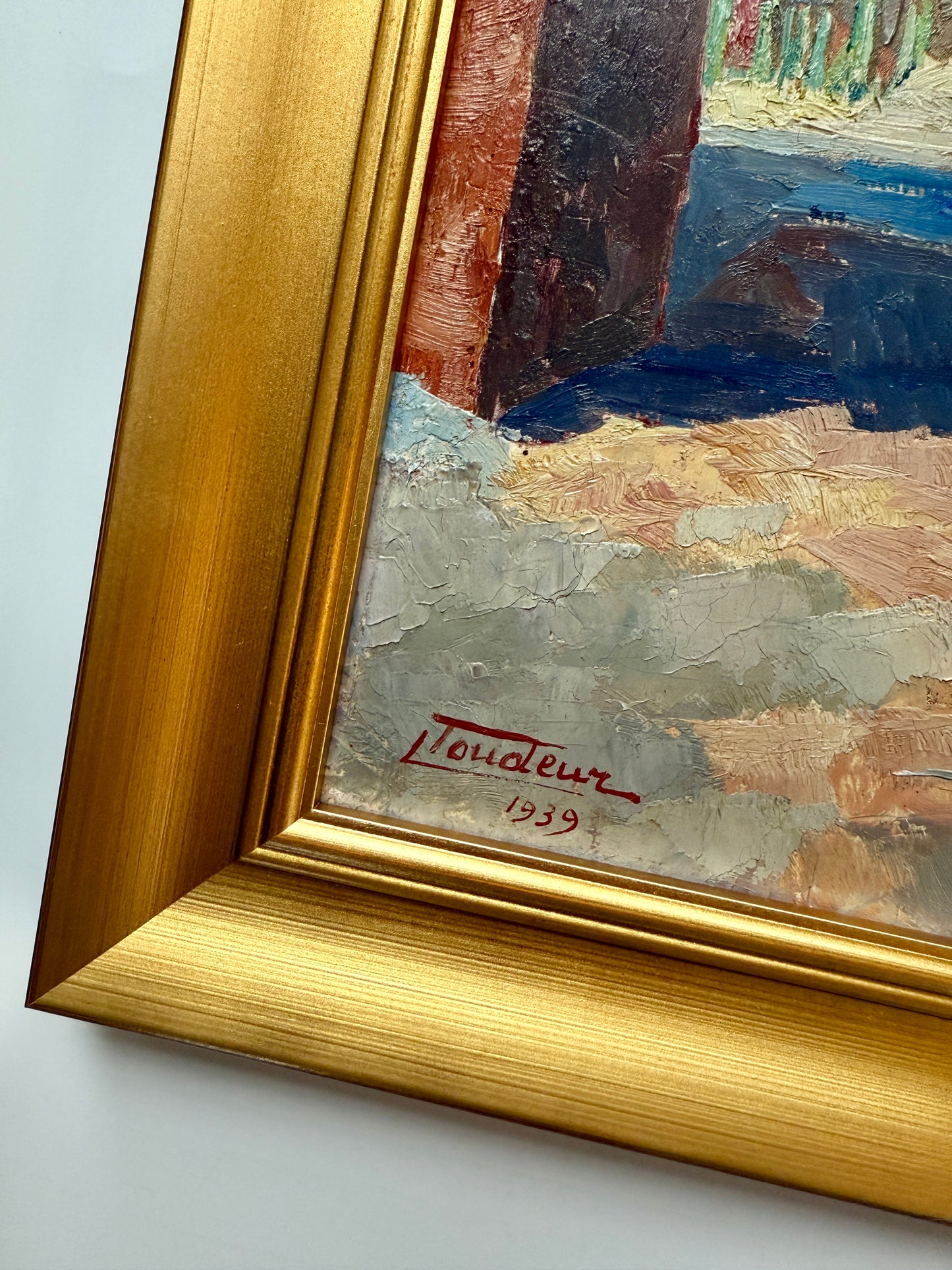 1939 Colorful French Townscape Oil Painting in Gold Frame