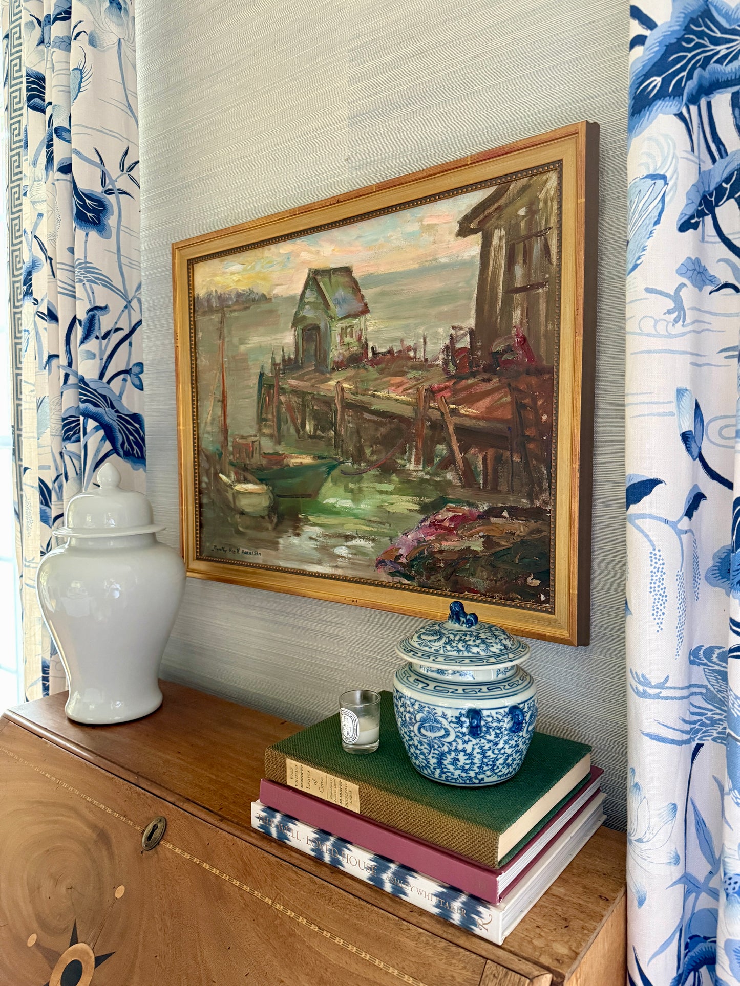 Dorothy Van Houten Harrison Evening in Maine Harborscape Oil Painting in Gold Beaded Frame