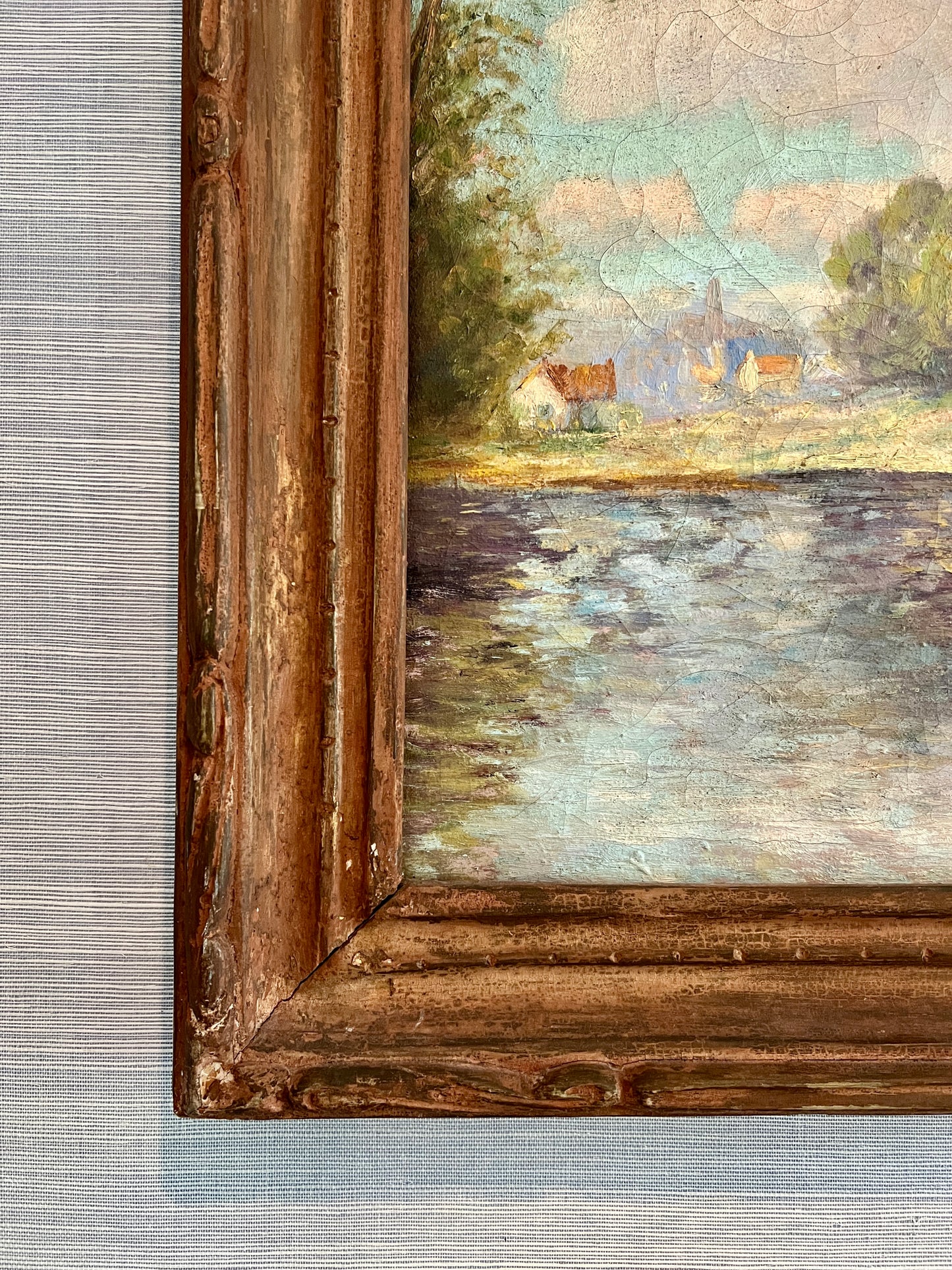 Antique Early 20th Century Waterfront Landscape Oil Painting in Carved Wood Frame