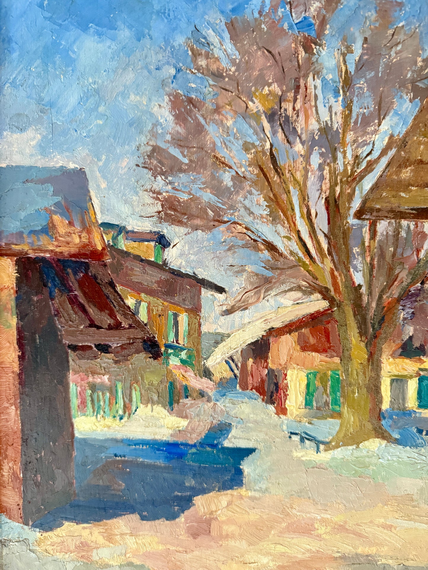 1939 Colorful French Townscape Oil Painting in Gold Frame