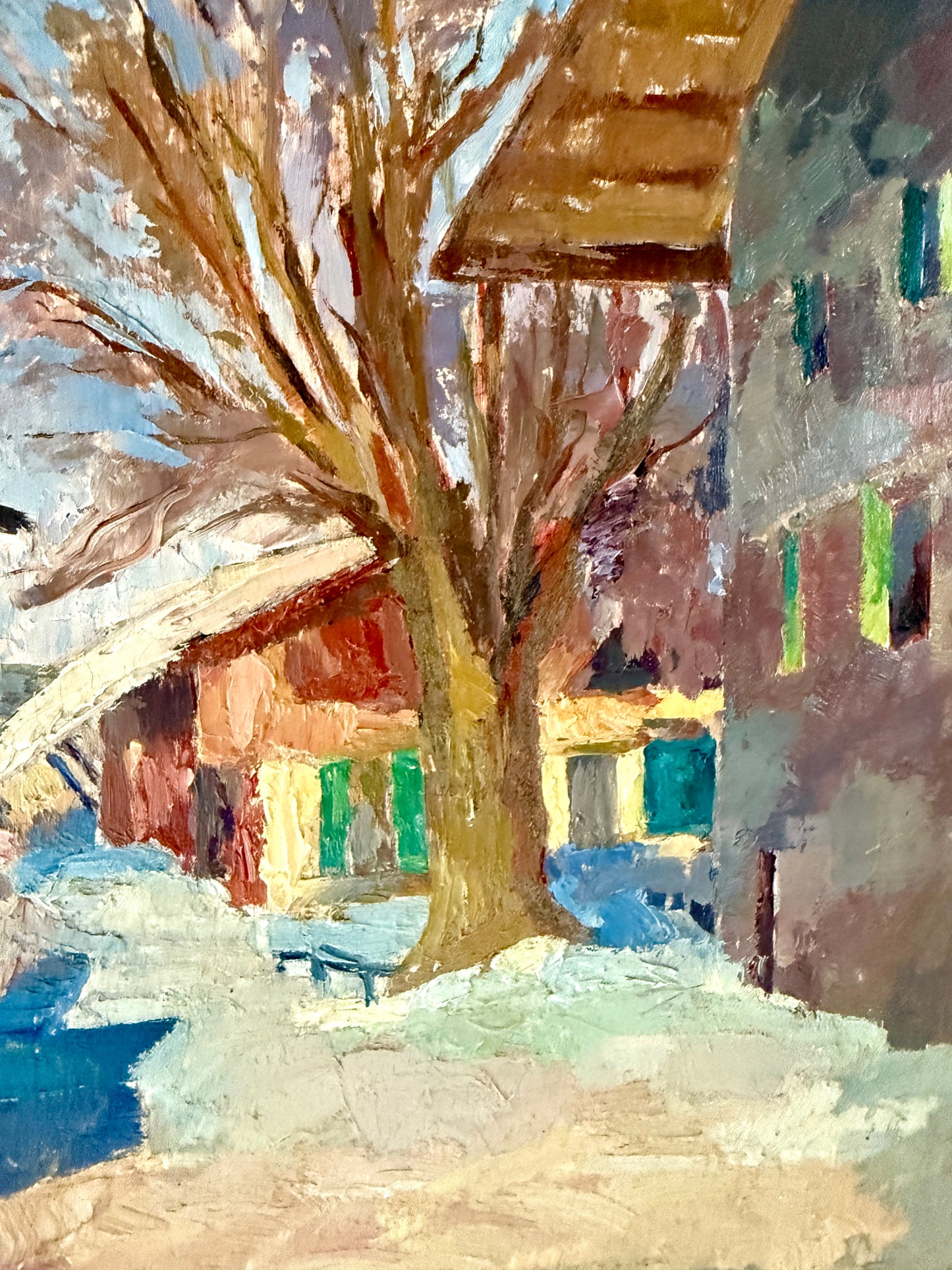 1939 Colorful French Townscape Oil Painting in Gold Frame