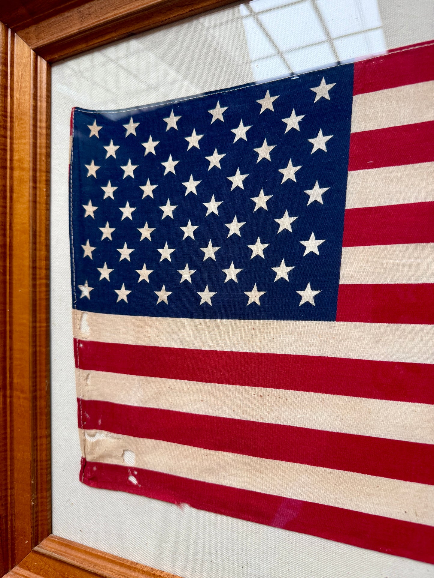 Vintage 50 Star American Flag on Duck Cloth in Maple Wood Frame