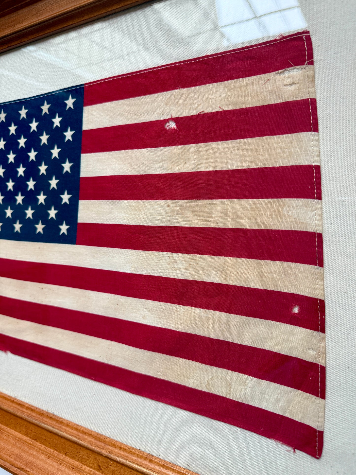 Vintage 50 Star American Flag on Duck Cloth in Maple Wood Frame
