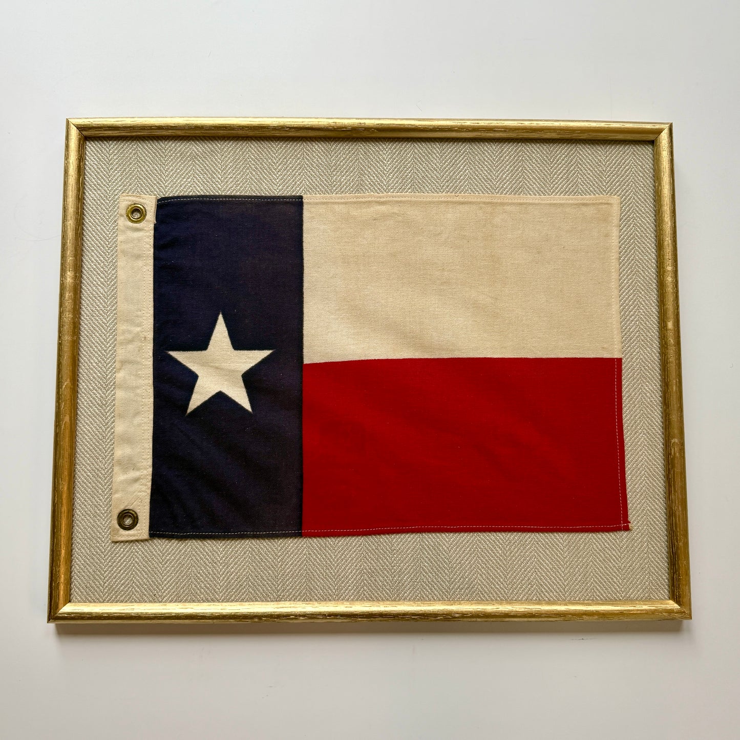 Vintage Lone Star Texas State Flag on Tan Herringbone Fabric in Gold Frame
