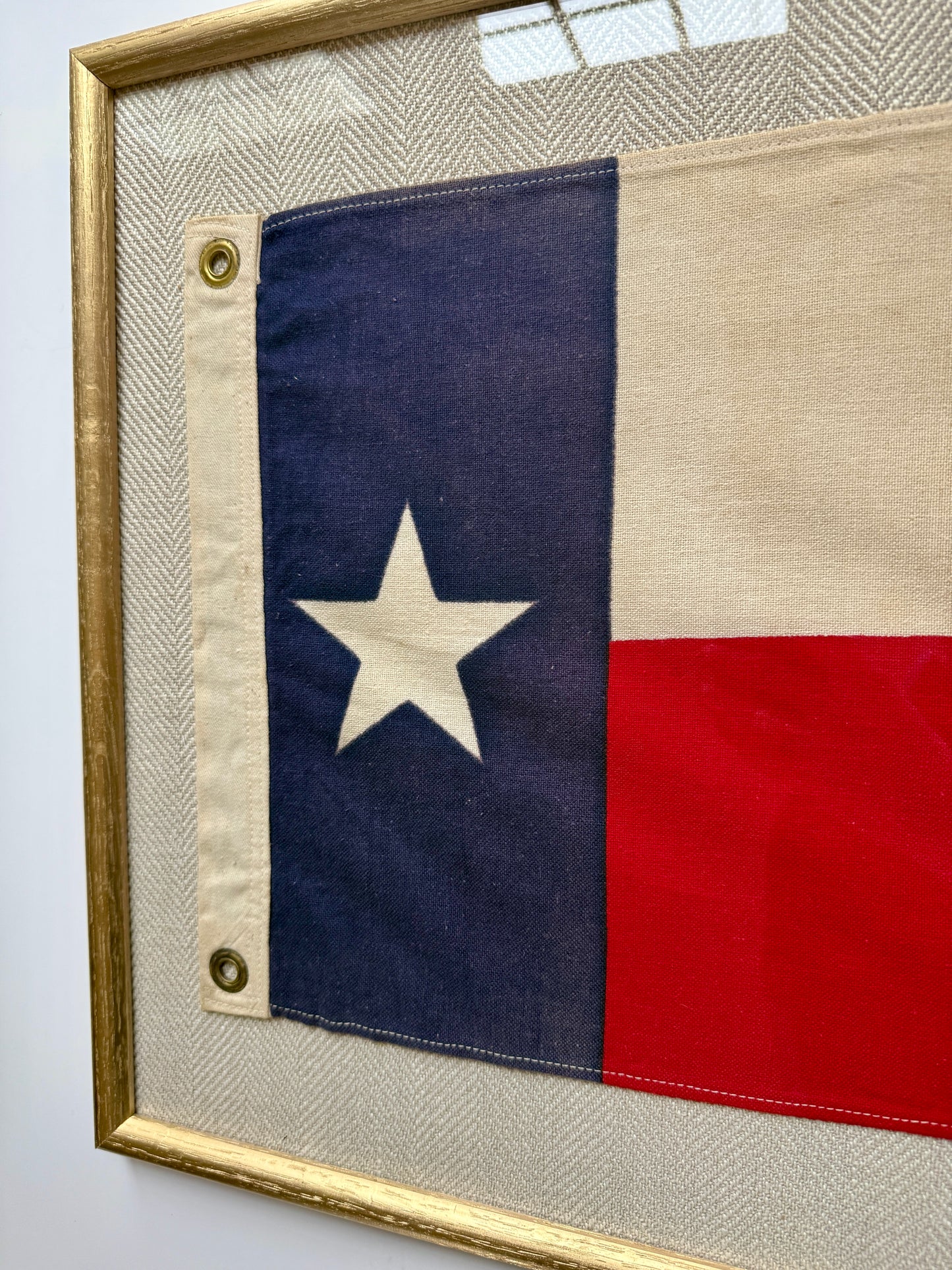 Vintage Lone Star Texas State Flag on Tan Herringbone Fabric in Gold Frame