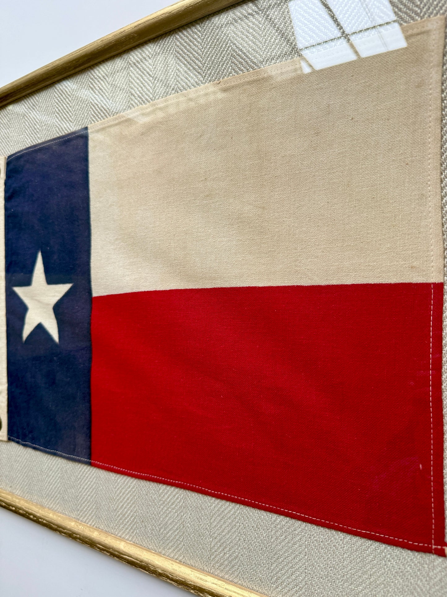 Vintage Lone Star Texas State Flag on Tan Herringbone Fabric in Gold Frame