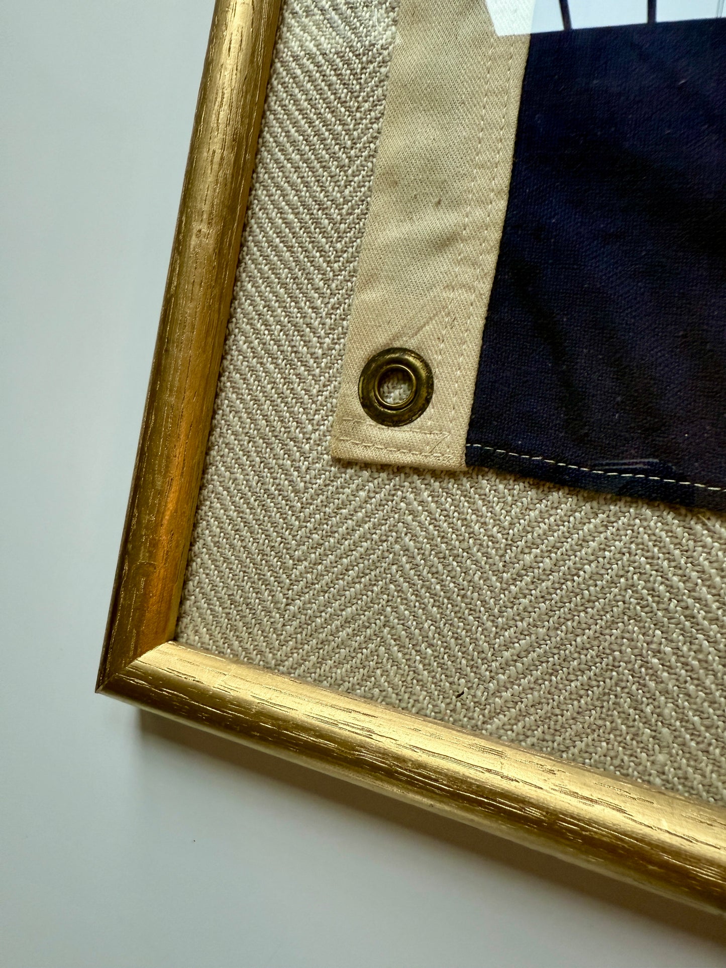 Vintage Lone Star Texas State Flag on Tan Herringbone Fabric in Gold Frame