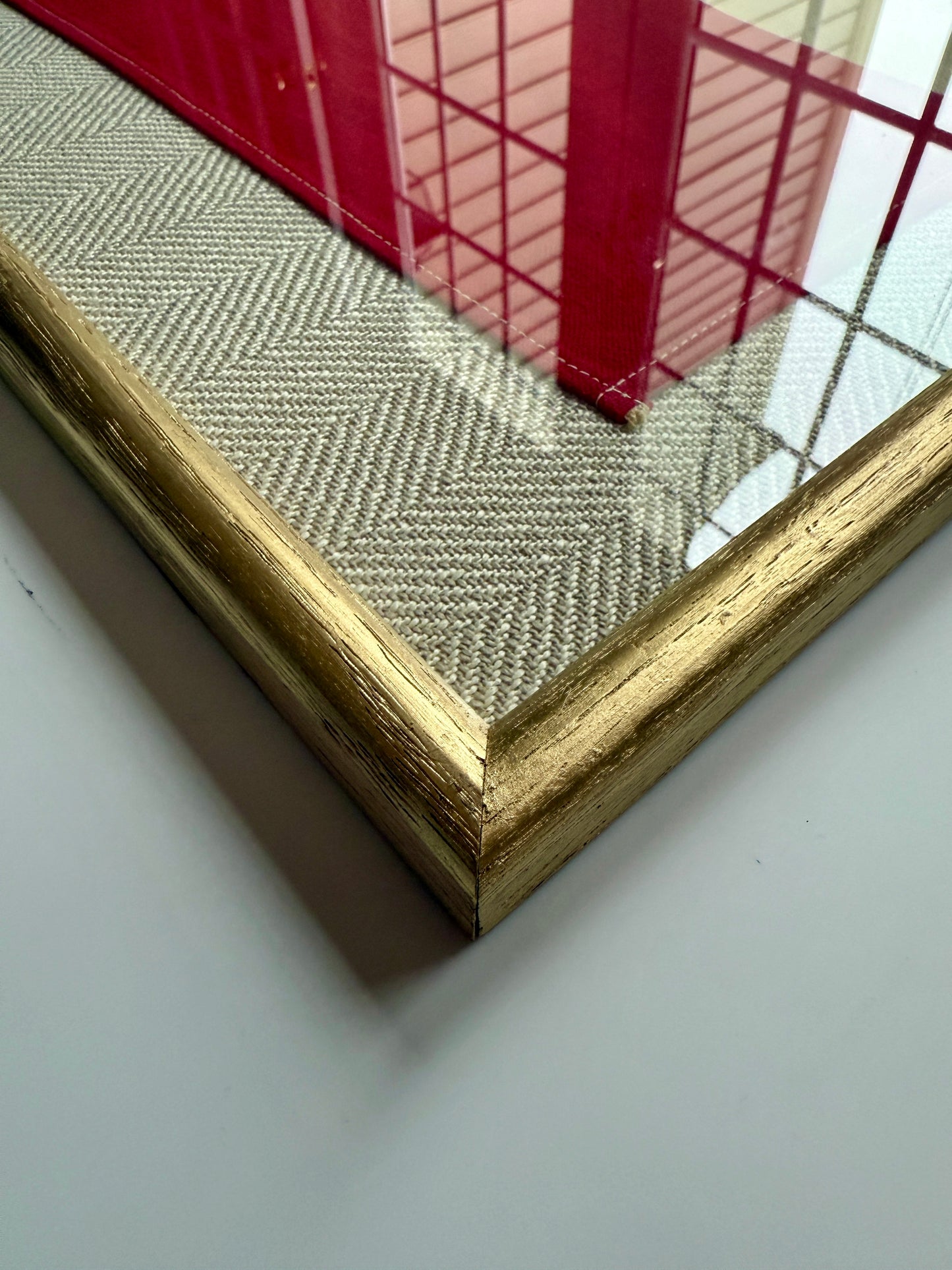 Vintage Lone Star Texas State Flag on Tan Herringbone Fabric in Gold Frame