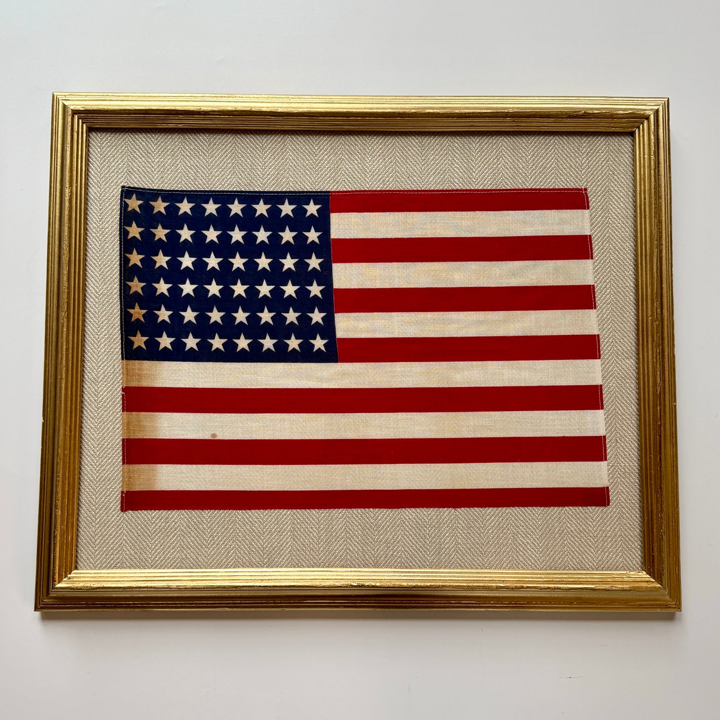 Vintage 48 Star American Flag on Tan Herringbone Fabric in Gold Frame