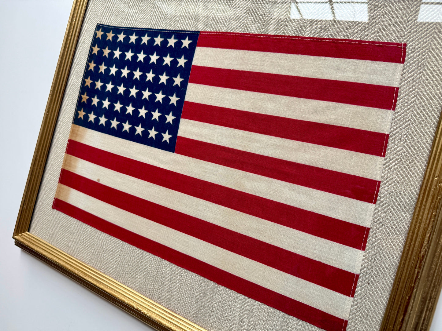 Vintage 48 Star American Flag on Tan Herringbone Fabric in Gold Frame