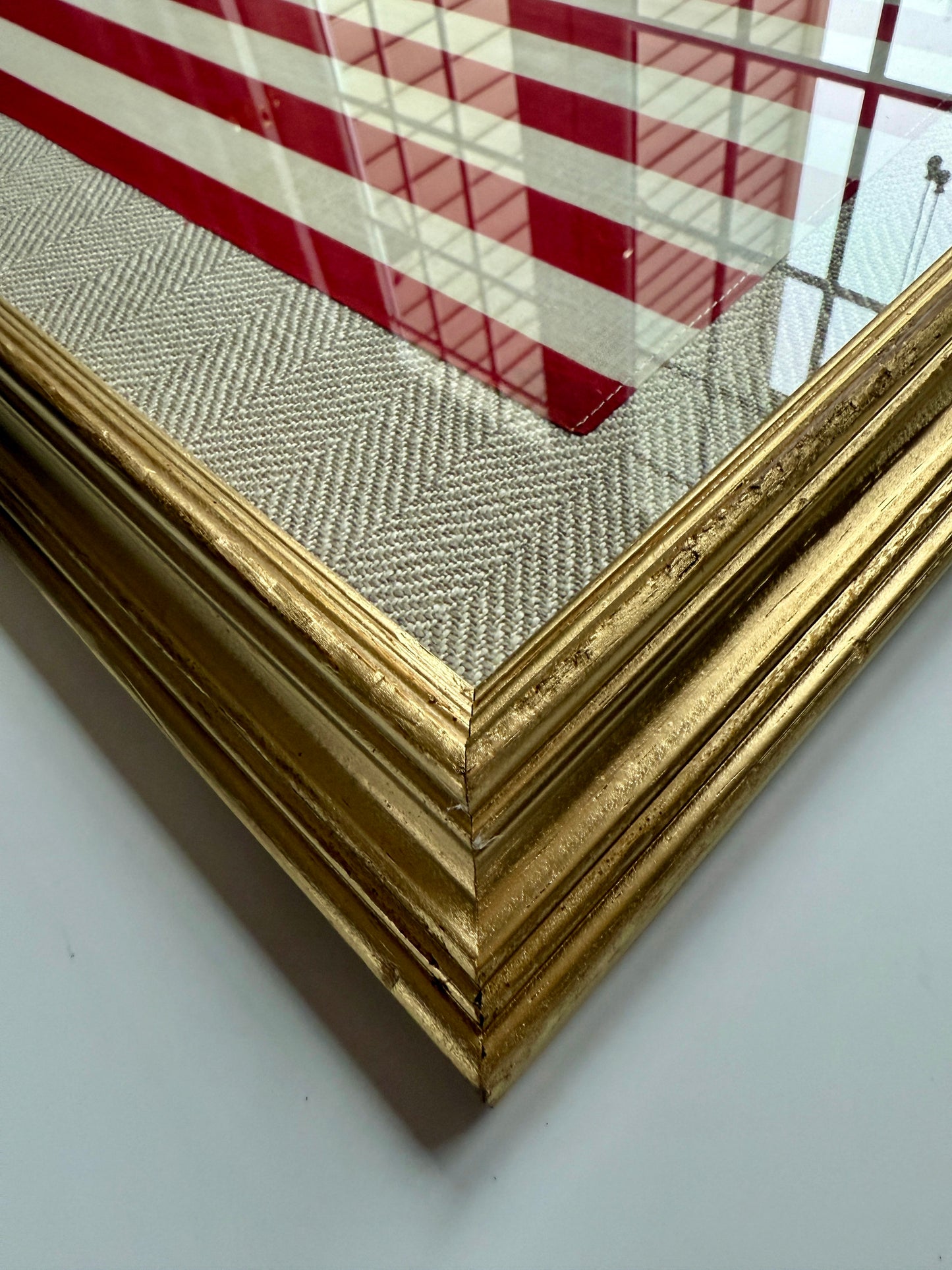Vintage 48 Star American Flag on Tan Herringbone Fabric in Gold Frame