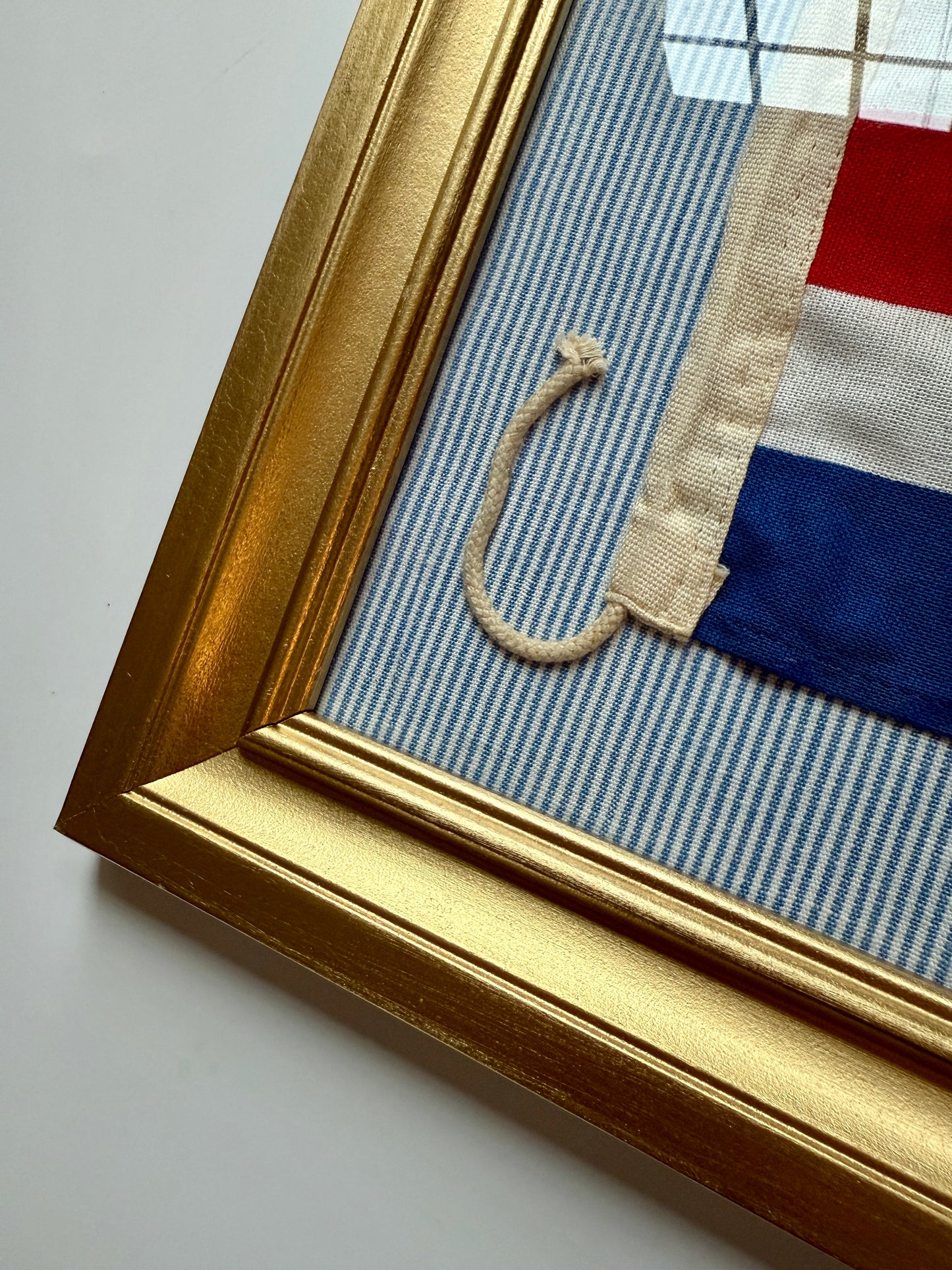 Vintage American Nautical "C" Signal Flag on Blue and White Oxford Striped Fabric in Gold Frame