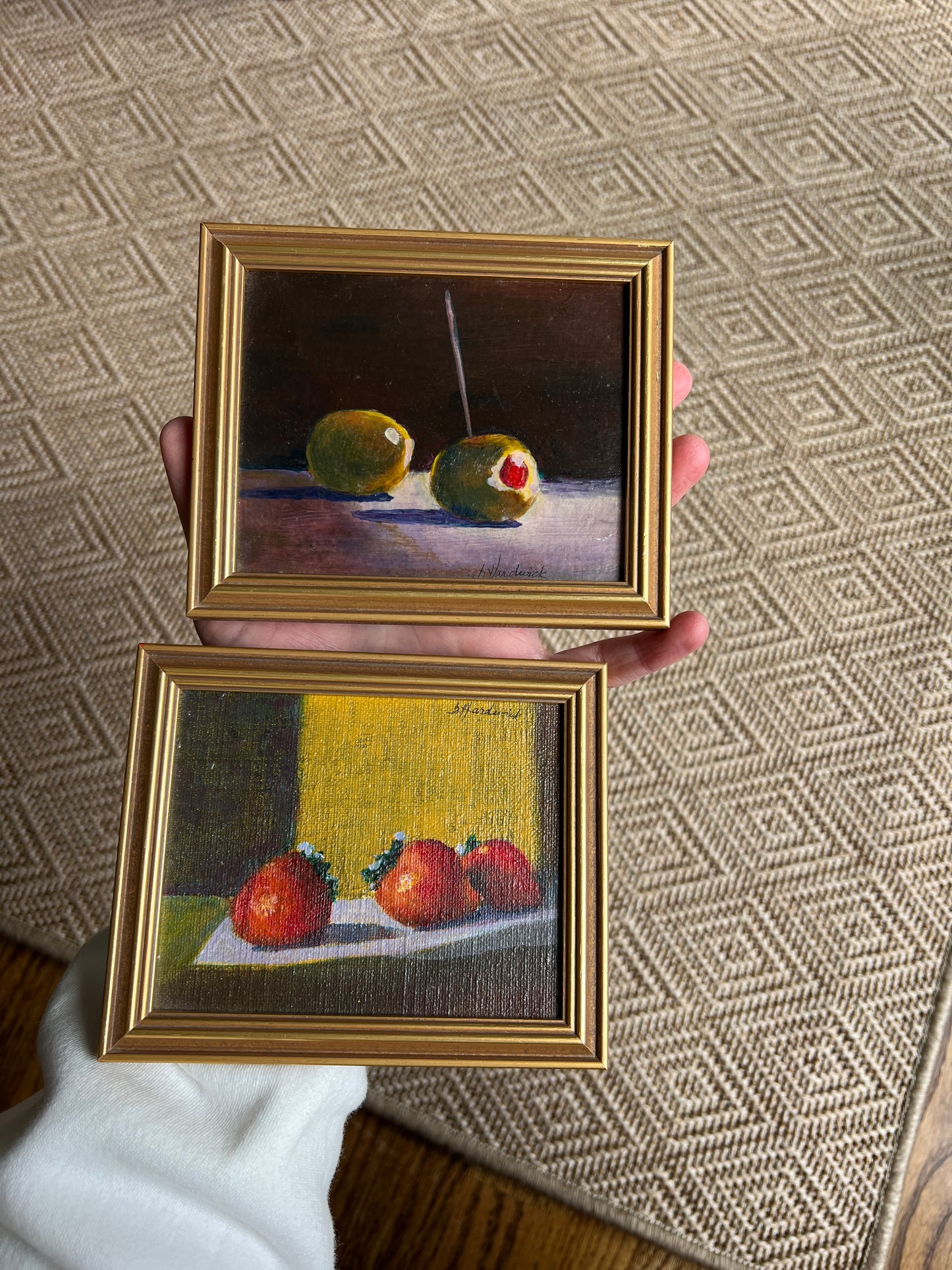 Small Scale Strawberry Still Life Oil Painting on Board in Gold Frame