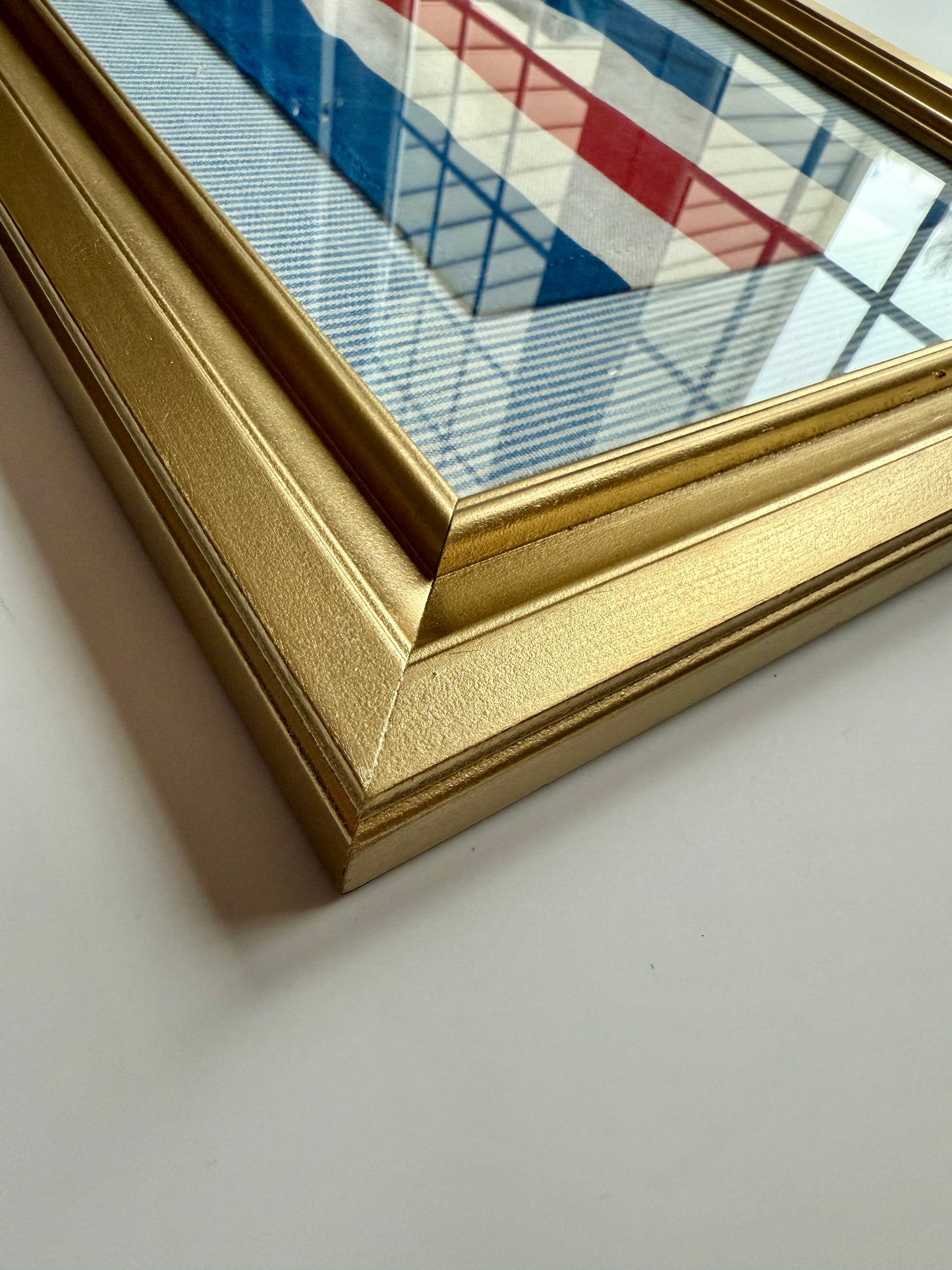 Vintage American Nautical "C" Signal Flag on Blue and White Oxford Striped Fabric in Gold Frame