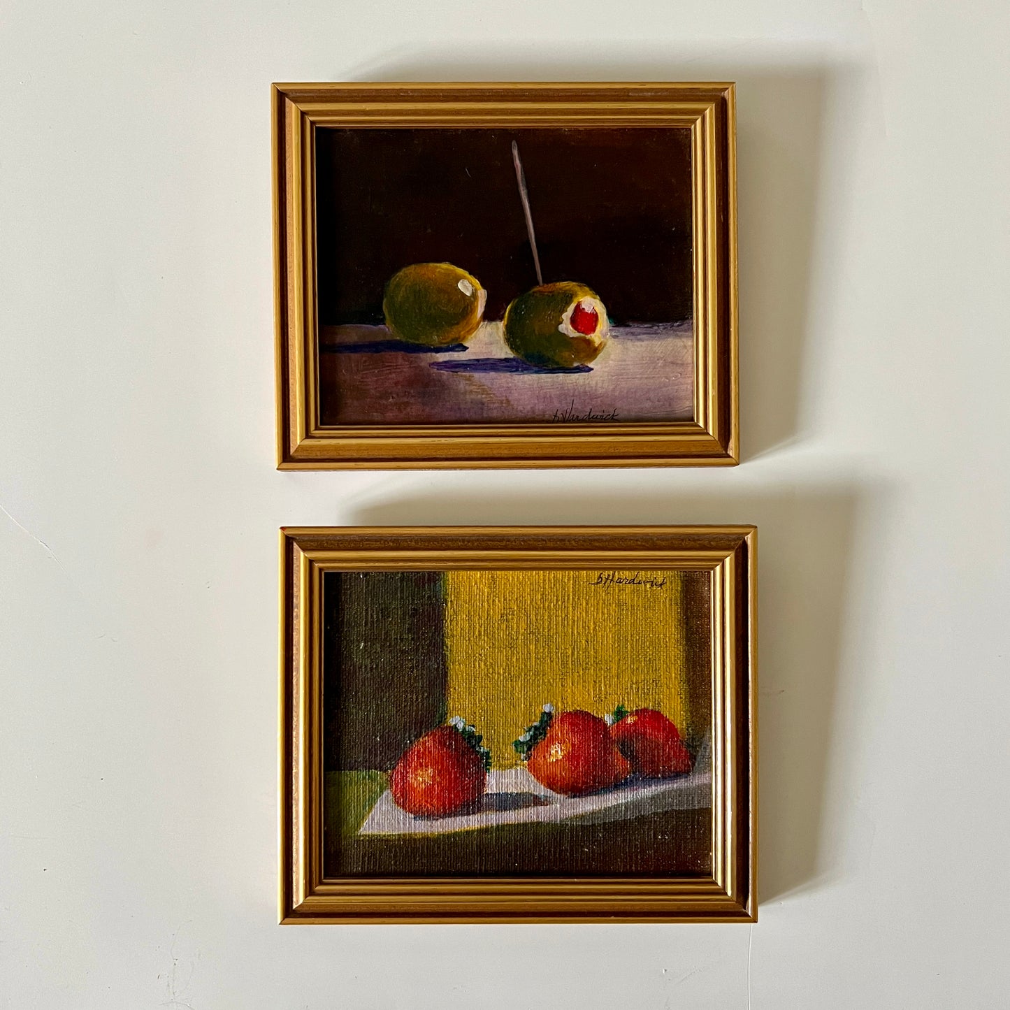 Small Scale Strawberry Still Life Oil Painting on Board in Gold Frame