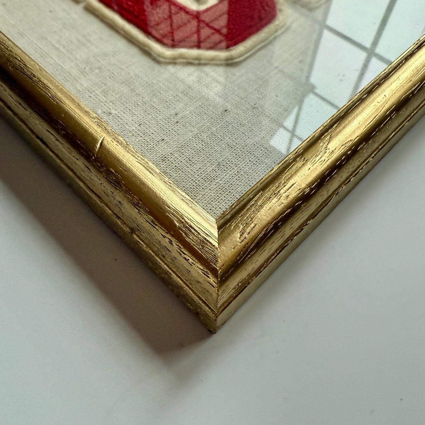 Vintage Varsity Initial Letter "S" on Natural Linen Fabric in Gold Frame