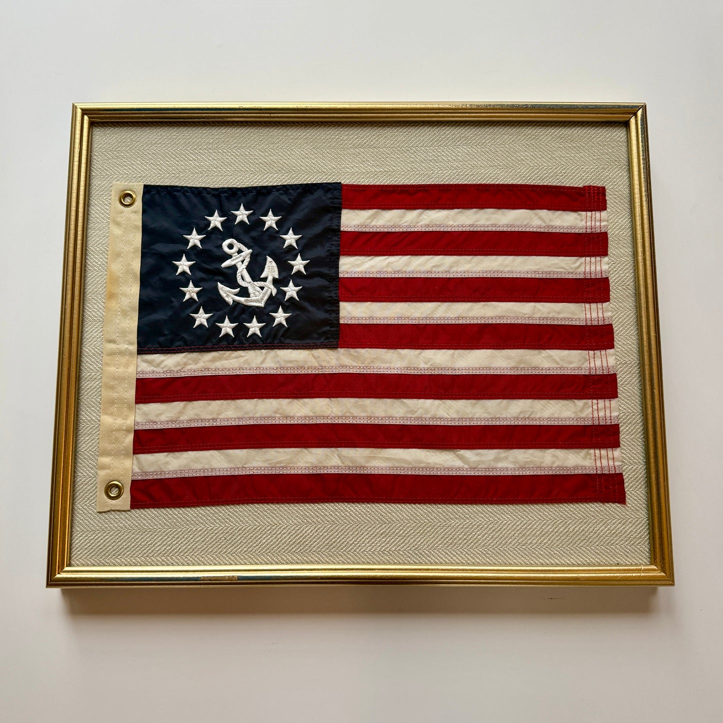 Vintage American Yacht Ensign Flag on Tan Herringbone Fabric in Gold Frame