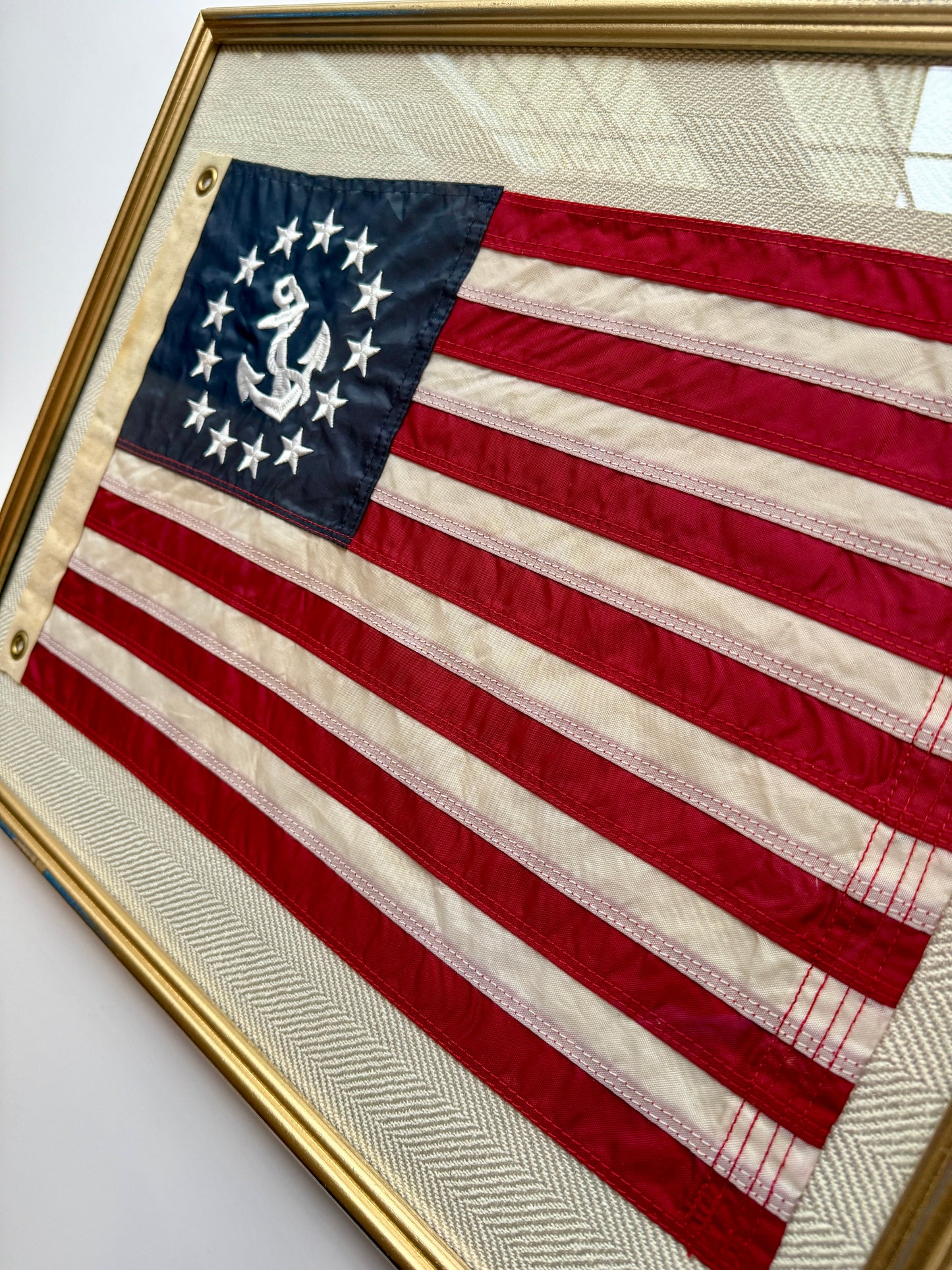 Vintage American Yacht Ensign Flag on Tan Herringbone Fabric in Gold Frame