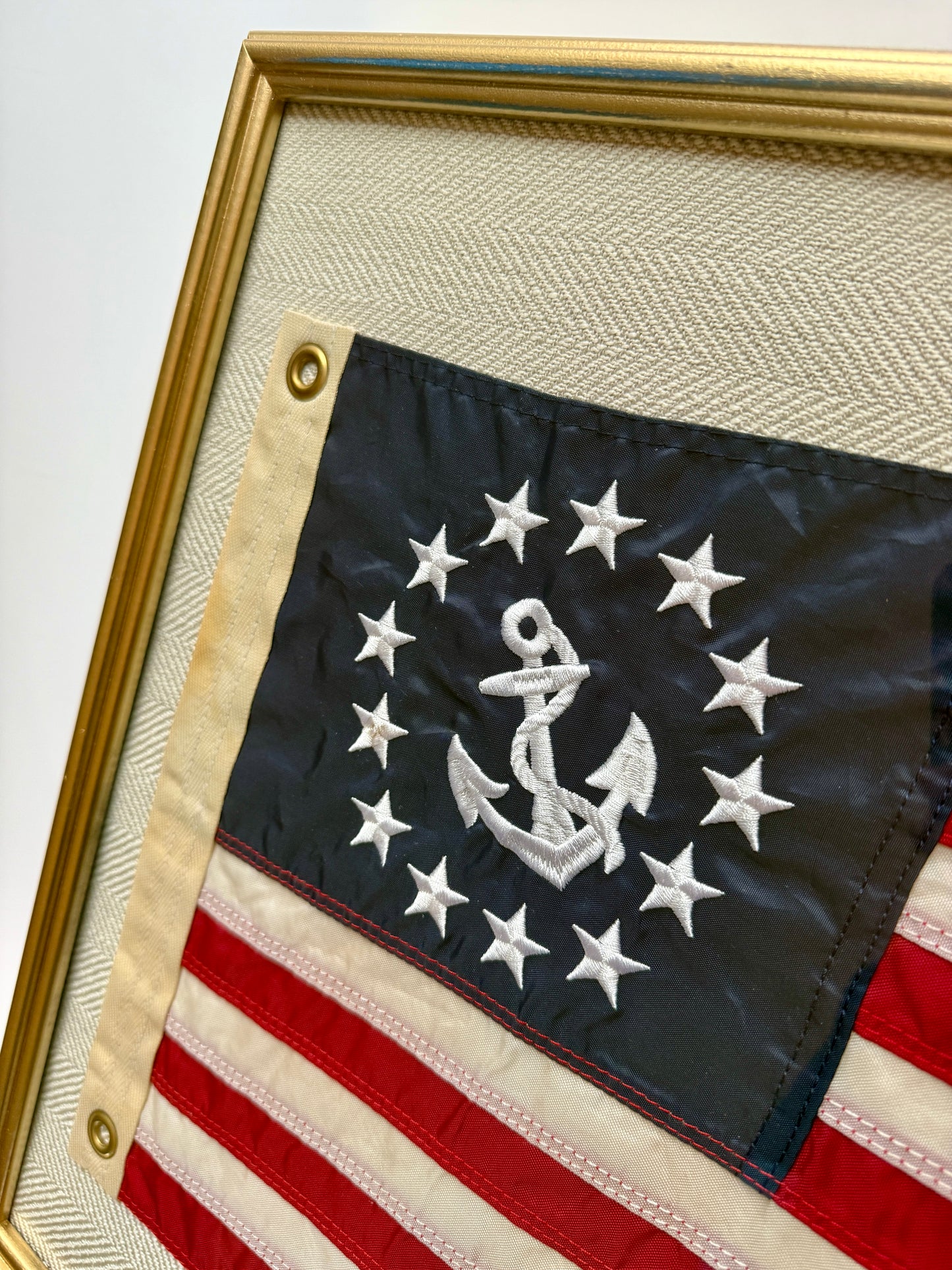 Vintage American Yacht Ensign Flag on Tan Herringbone Fabric in Gold Frame