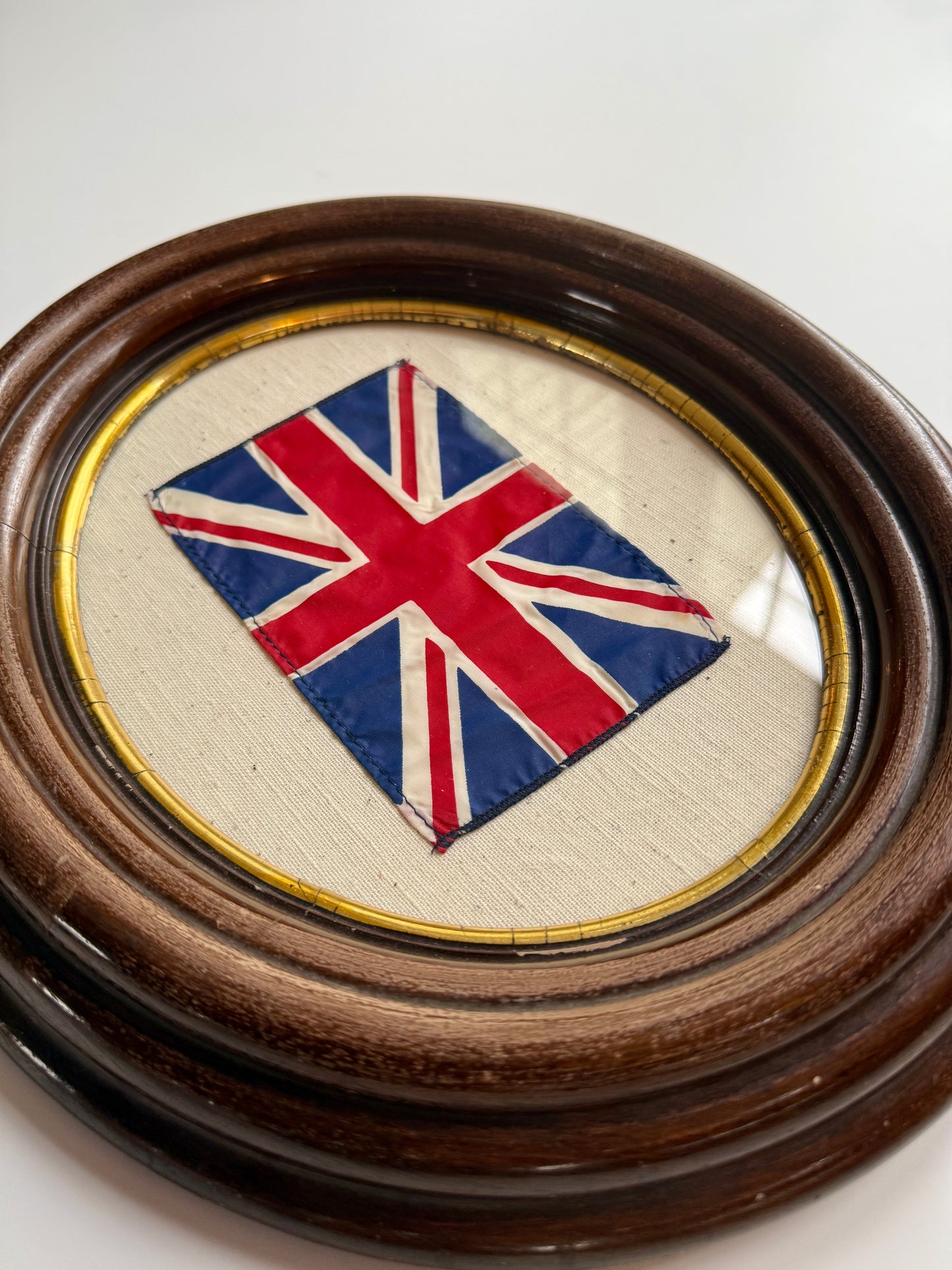 Vintage Union Jack British Parade Flag on Duck Cloth in Antique Oval Wood Frame
