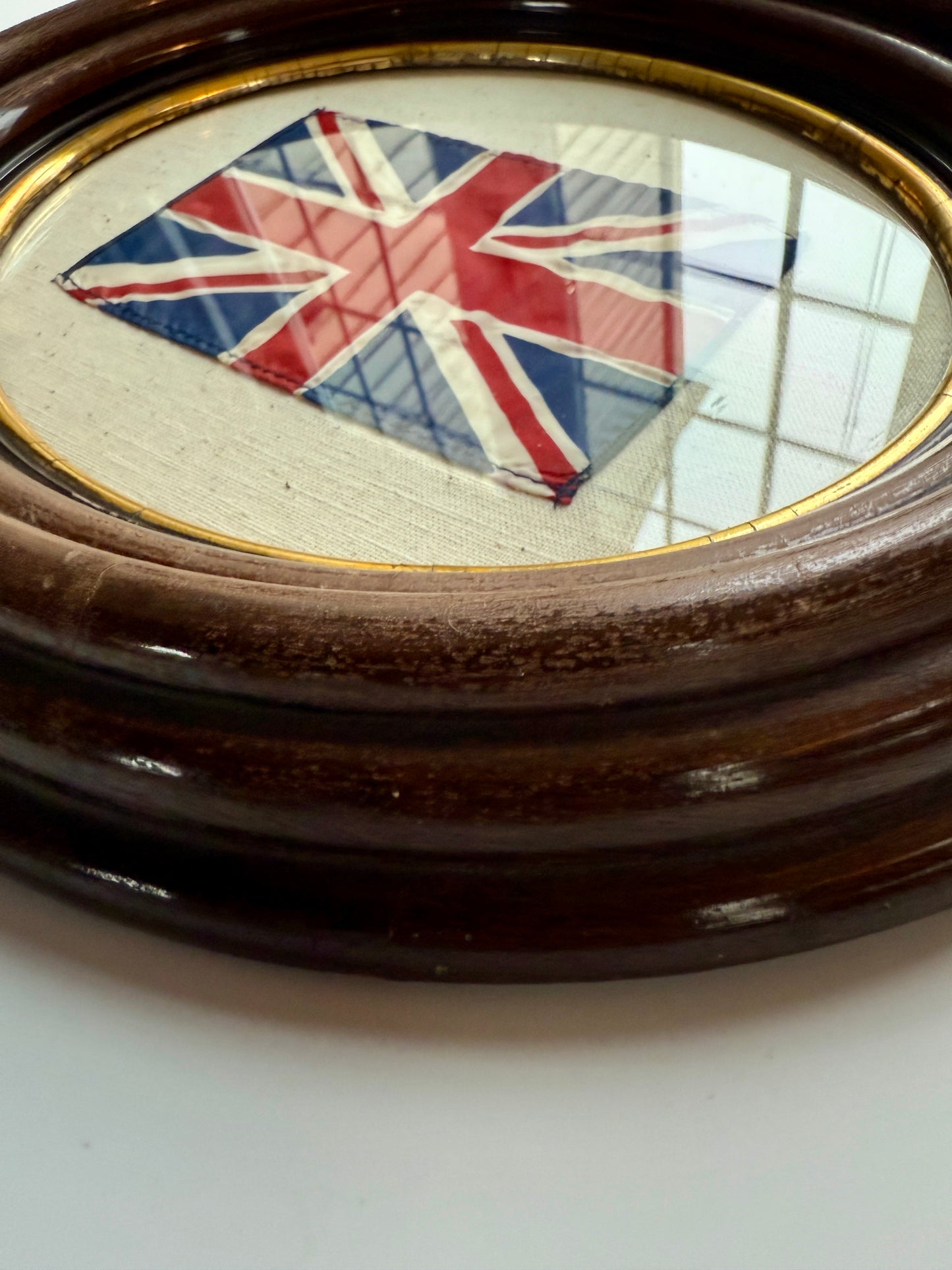 Vintage Union Jack British Parade Flag on Duck Cloth in Antique Oval Wood Frame