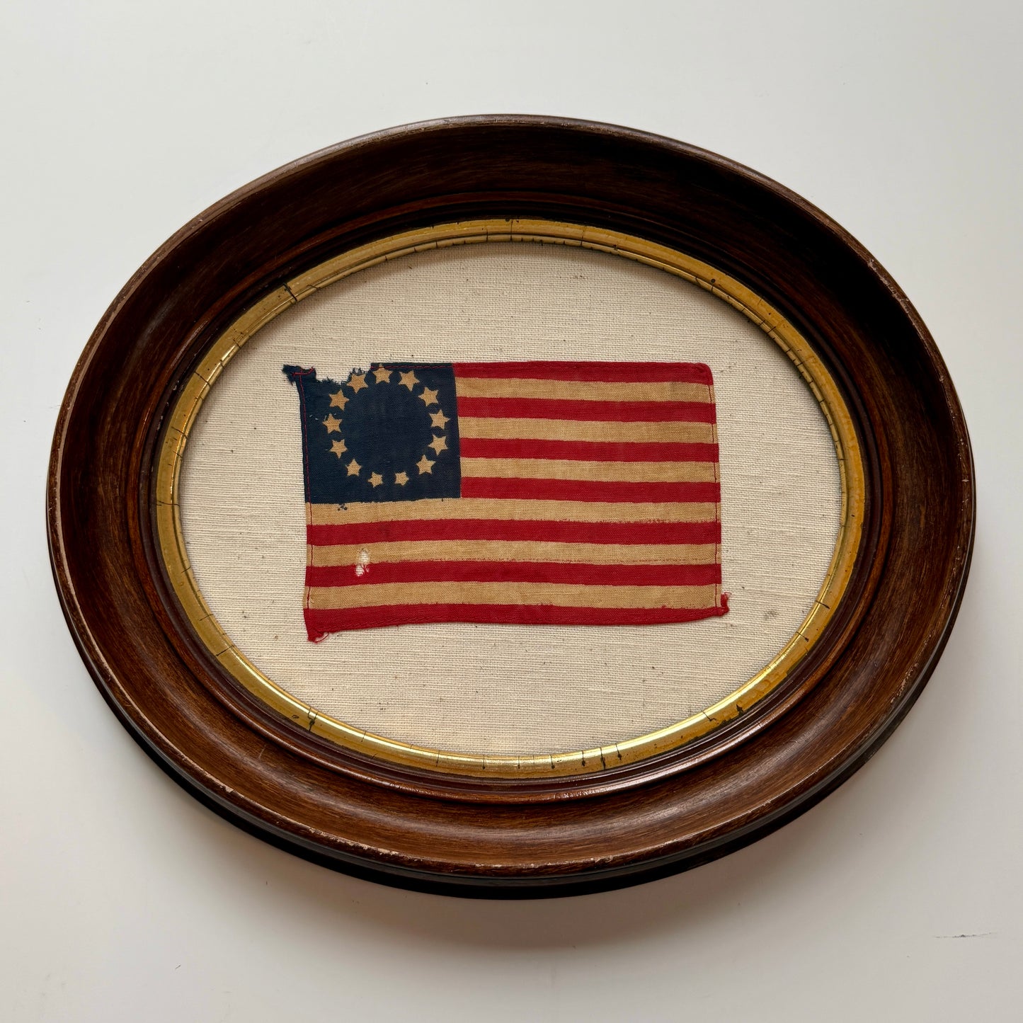 Vintage 13 Star American Betsy Ross Parade Flag on Duck Cloth in Antique Oval Wood Frame