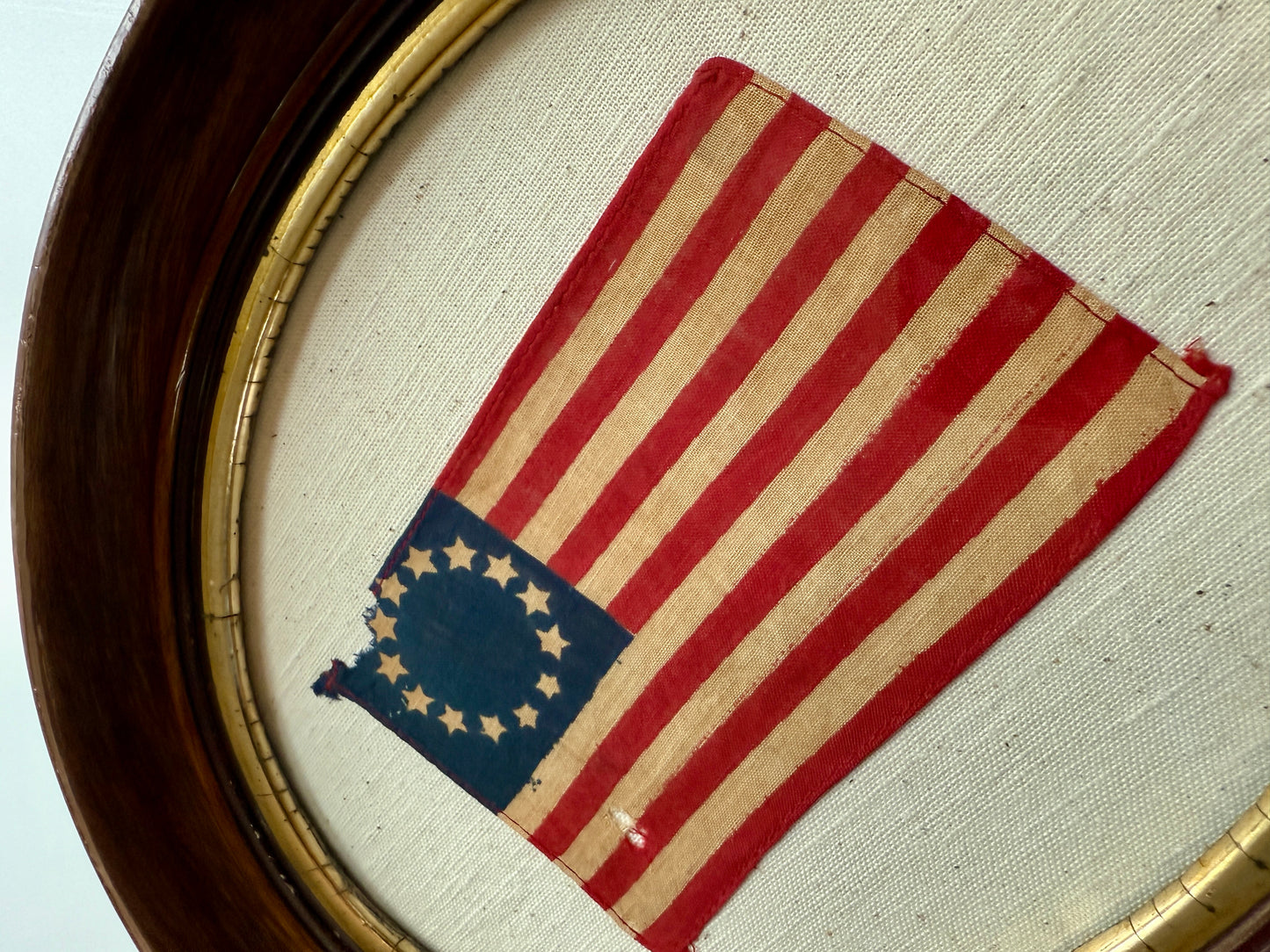 Vintage 13 Star American Betsy Ross Parade Flag on Duck Cloth in Antique Oval Wood Frame