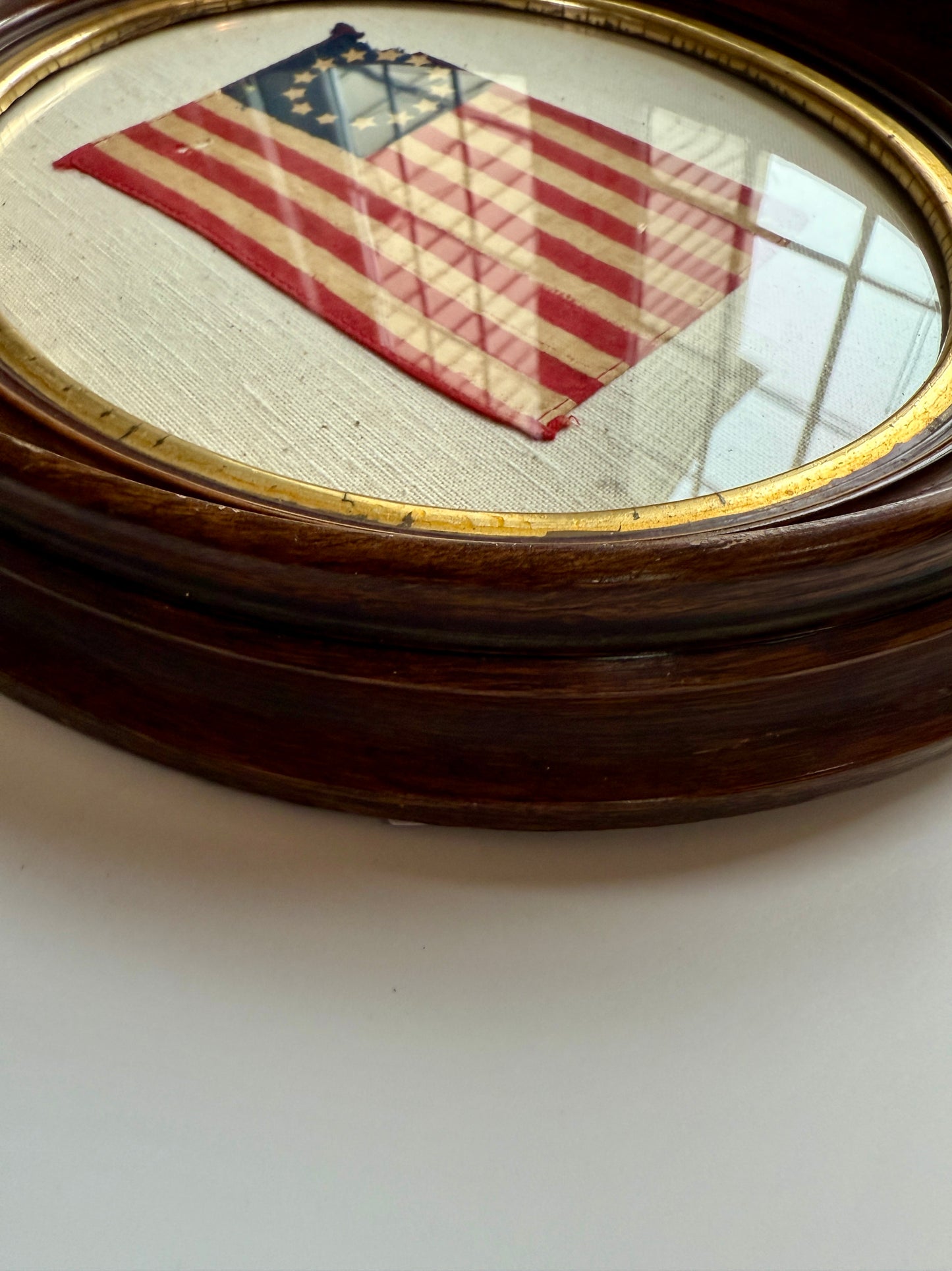 Vintage 13 Star American Betsy Ross Parade Flag on Duck Cloth in Antique Oval Wood Frame